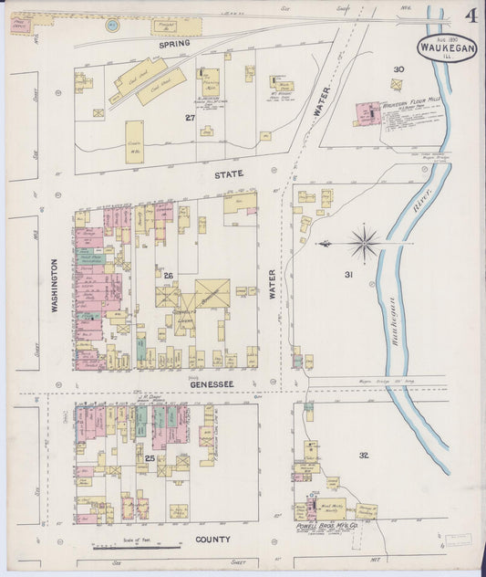 Sanborn Fire Insurance Map from Waukegan, Lake County, Illinois (1890), Sheet #0004 - Historic Sanborn Fire Insurance Map Print, vintage old map wall art, antique decor, genealogy gift, Illinois Illinois map