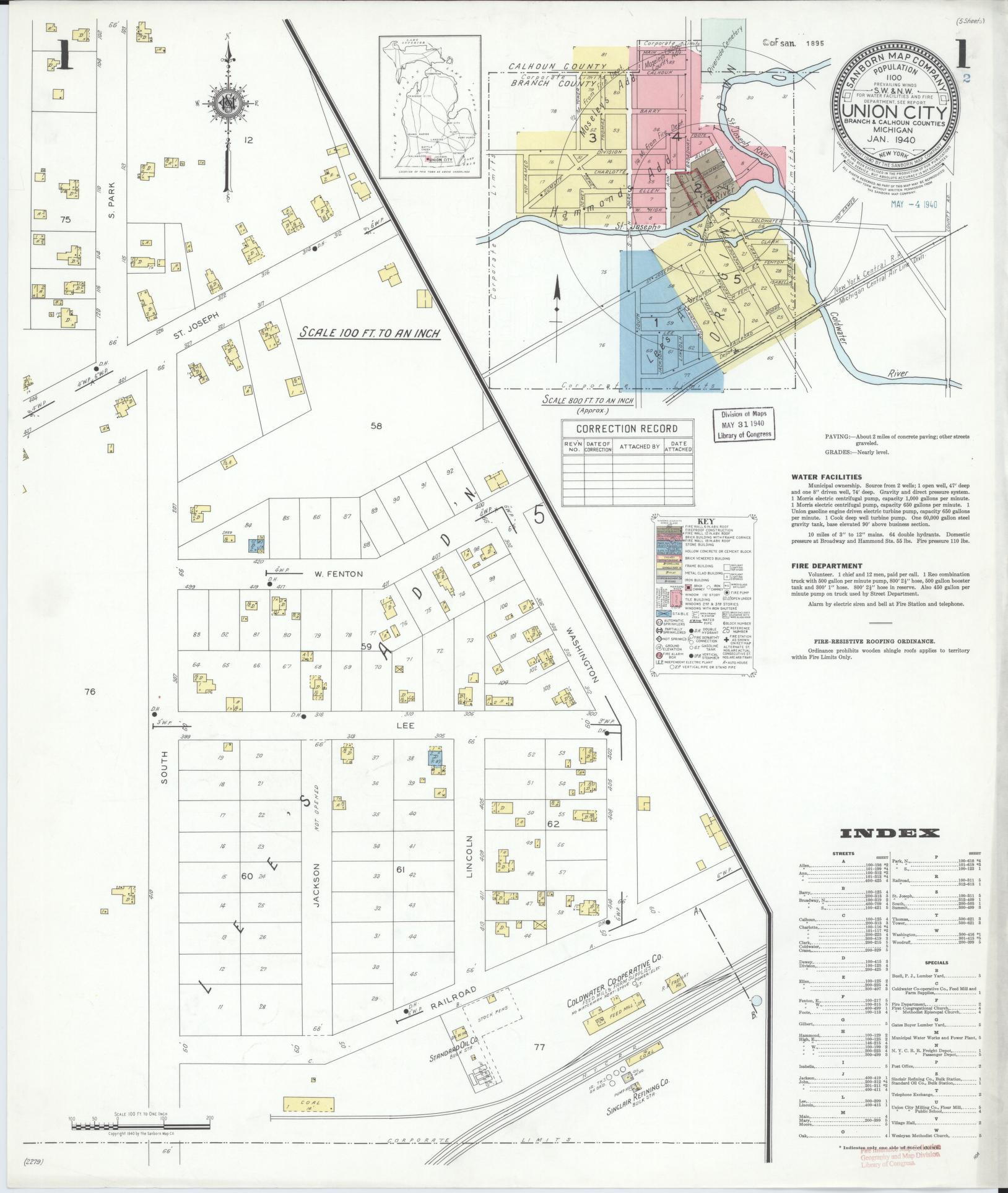 Sanborn Fire Insurance Map from Union City, Branch And Calhoun Counties, Michigan (1940), Sheet #0001 - Historic Sanborn Fire Insurance Map Print, vintage old map wall art, antique decor, genealogy gift, Michigan Michigan map