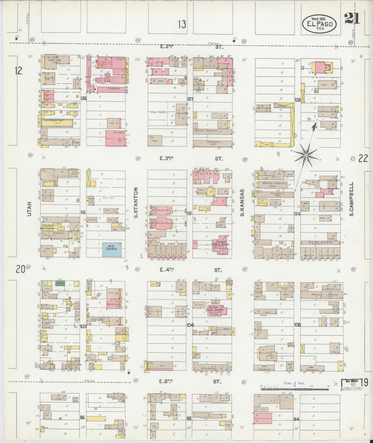 Sanborn Fire Insurance Map from El Paso, El Paso County, Texas (1902), Sheet #0021 - Historic Sanborn Fire Insurance Map Print, vintage old map wall art, antique decor, genealogy gift, Texas Texas map