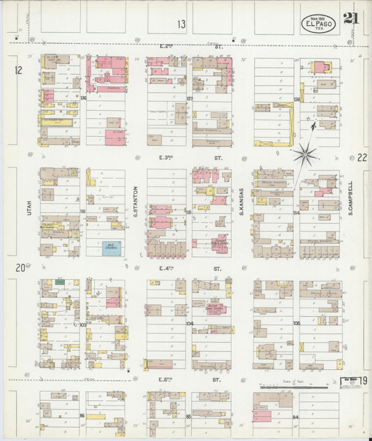 Sanborn Fire Insurance Map from El Paso, El Paso County, Texas (1902), Sheet #0021 - Historic Sanborn Fire Insurance Map Print, vintage old map wall art, antique decor, genealogy gift, Texas Texas map