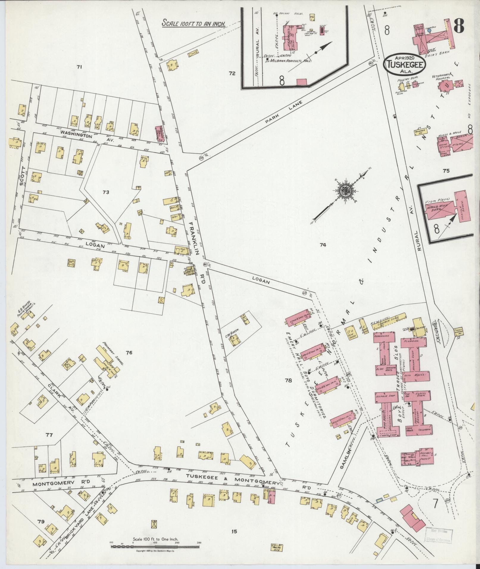 Sanborn Fire Insurance Map from Tuskegee, Macon County, Alabama (1920), Sheet #0008 - Complete Map Set gallery image, historic Sanborn map, vintage wall art, Alabama Alabama
