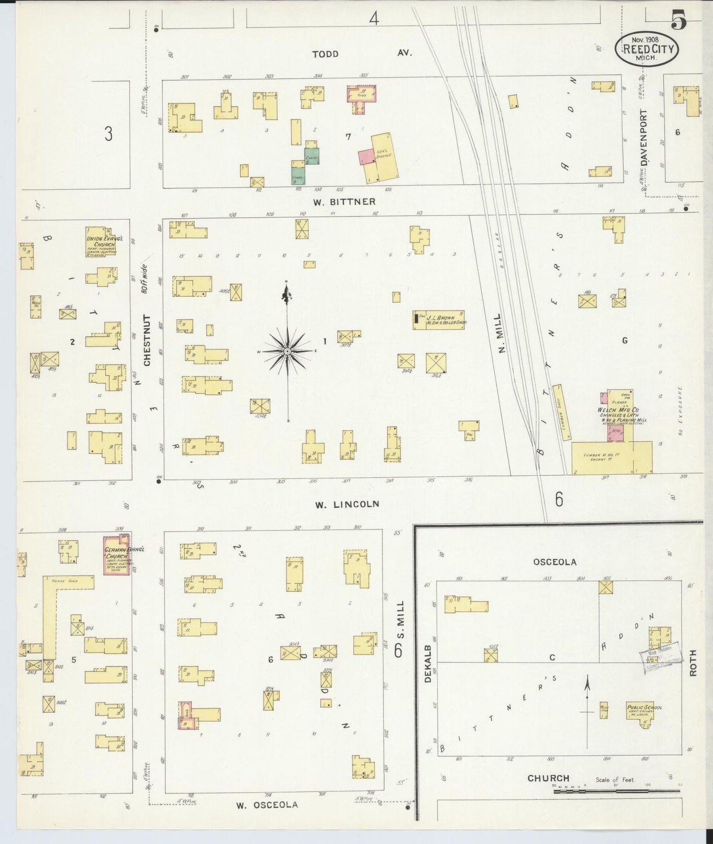 Sanborn Fire Insurance Map from Reed City, Osceola County, Michigan (1908), Sheet #0005 - Historic Sanborn Fire Insurance Map Print, vintage old map wall art, antique decor, genealogy gift, Michigan Michigan map