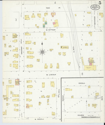 Sanborn Fire Insurance Map from Reed City, Osceola County, Michigan (1908), Sheet #0005 - Historic Sanborn Fire Insurance Map Print, vintage old map wall art, antique decor, genealogy gift, Michigan Michigan map