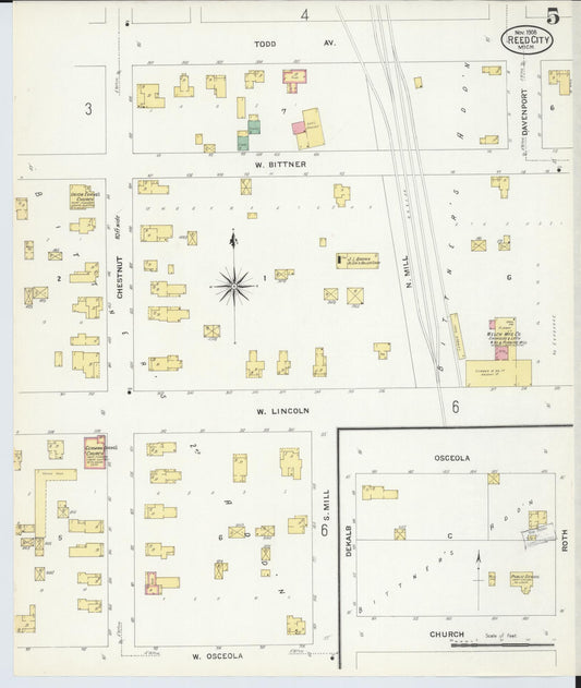 Sanborn Fire Insurance Map from Reed City, Osceola County, Michigan (1908), Sheet #0005 - Historic Sanborn Fire Insurance Map Print, vintage old map wall art, antique decor, genealogy gift, Michigan Michigan map