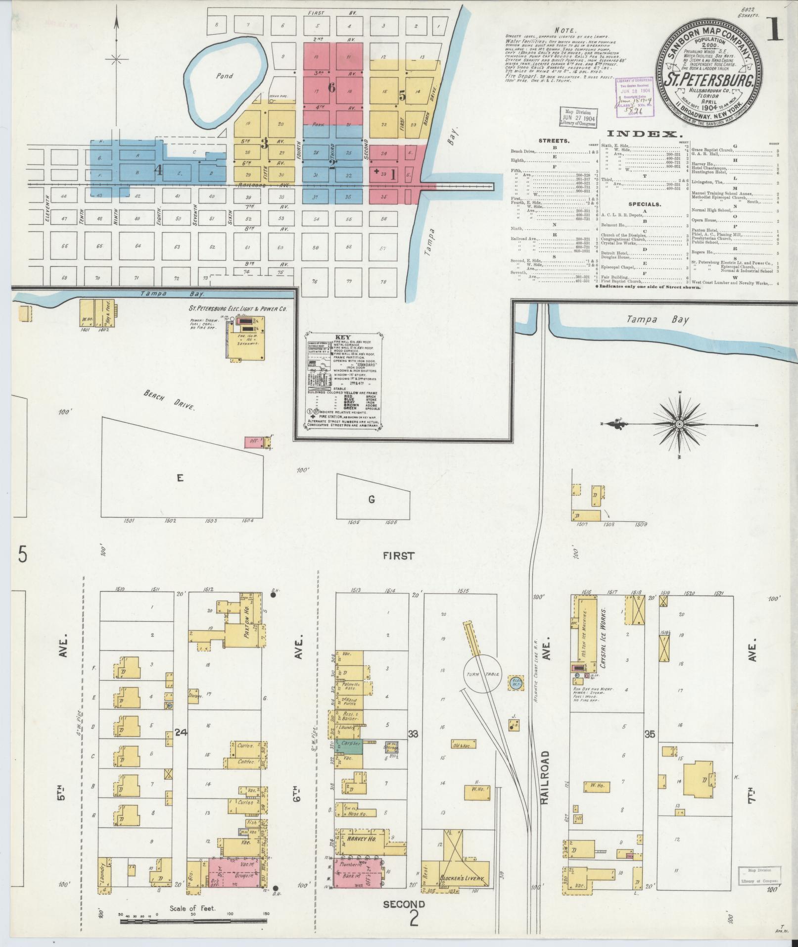 Sanborn Fire Insurance Map from Saint Petersburg, Pinellas County, Florida (1904), Sheet #0001 - Complete Map Set gallery image, historic Sanborn map, vintage wall art, Florida Florida