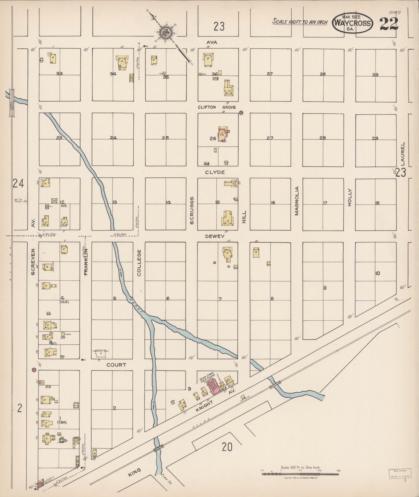 Sanborn Fire Insurance Map from Waycross, Ware County, Georgia (1922), Sheet #0022 - Complete Map Set gallery image, historic Sanborn map, vintage wall art, Georgia Georgia