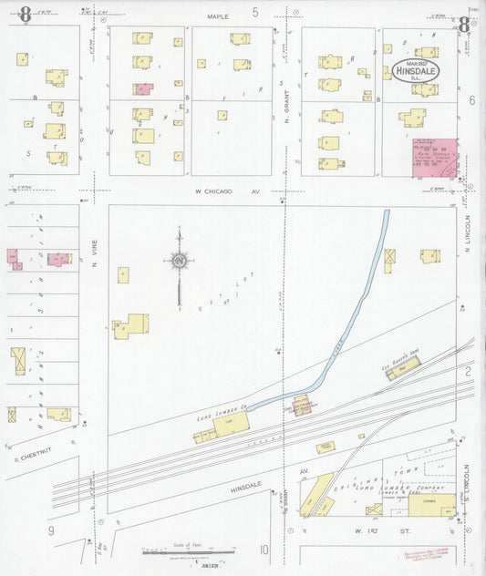 Sanborn Fire Insurance Map from Hinsdale, Du Page And Cook Counties, Illinois (1927), Sheet #0008 - Historic Sanborn Fire Insurance Map Print, vintage old map wall art, antique decor, genealogy gift, Illinois Illinois map