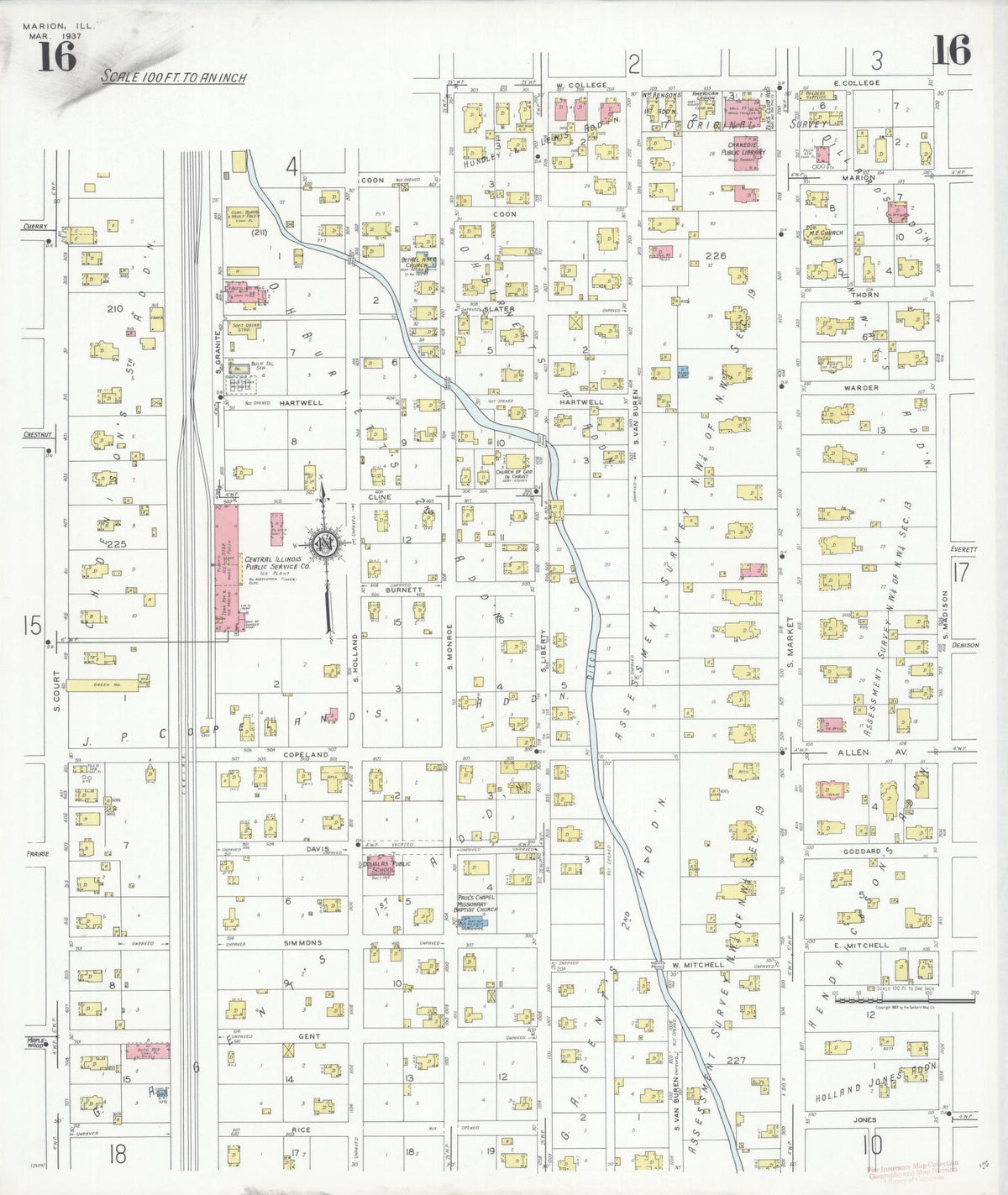 Sanborn Fire Insurance Map from Marion, Williamson County, Illinois (1937), Sheet #0016 - Complete Map Set gallery image, historic Sanborn map, vintage wall art, Illinois Illinois