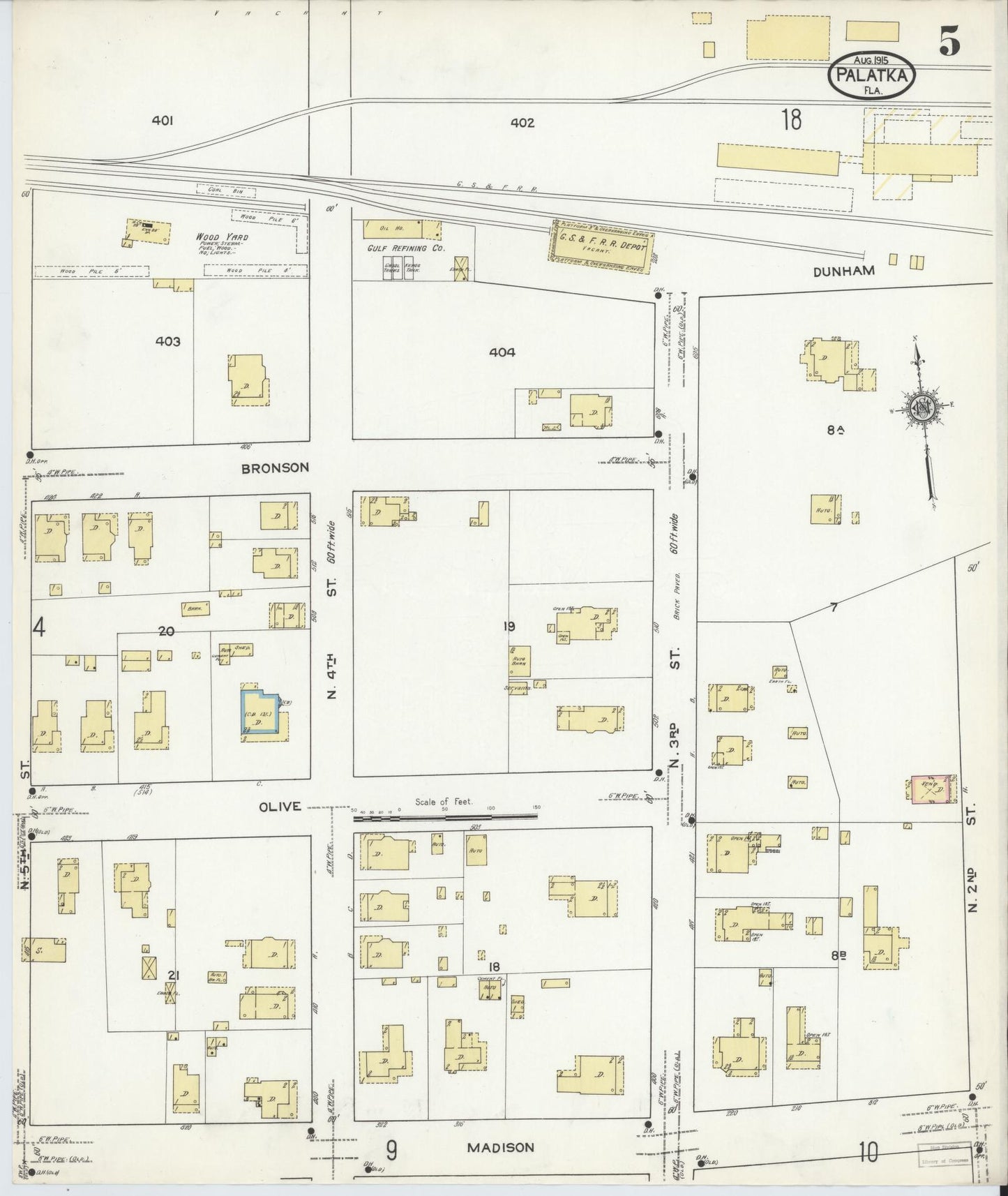 Sanborn Fire Insurance Map from Palatka, Putnam County, Florida (1915), Sheet #0005 - Complete Map Set gallery image, historic Sanborn map, vintage wall art, Florida Florida