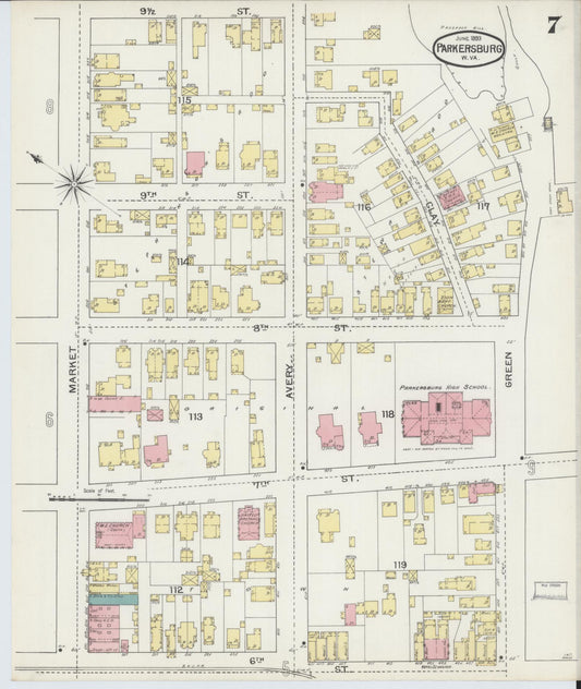 Sanborn Fire Insurance Map from Parkersburg, Wood County, West Virginia (1893), Sheet #0007 - Historic Sanborn Fire Insurance Map Print, vintage old map wall art, antique decor, genealogy gift, West Virginia West Virginia map