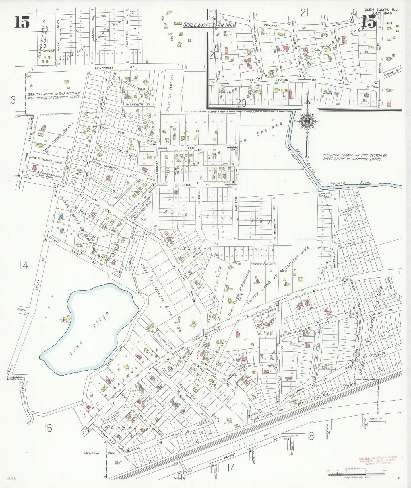 Sanborn Fire Insurance Map from Glen Ellyn, Du Page County, Illinois (1940), Sheet #0015 - Historic Sanborn Fire Insurance Map Print, vintage old map wall art, antique decor, genealogy gift, Illinois Illinois map
