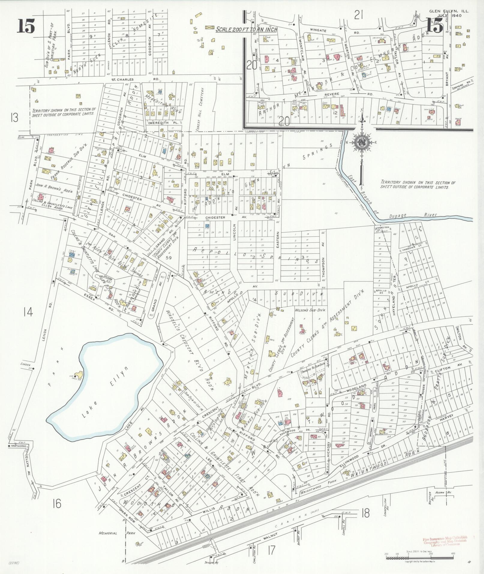 Sanborn Fire Insurance Map from Glen Ellyn, Du Page County, Illinois (1940), Sheet #0015 - Historic Sanborn Fire Insurance Map Print, vintage old map wall art, antique decor, genealogy gift, Illinois Illinois map