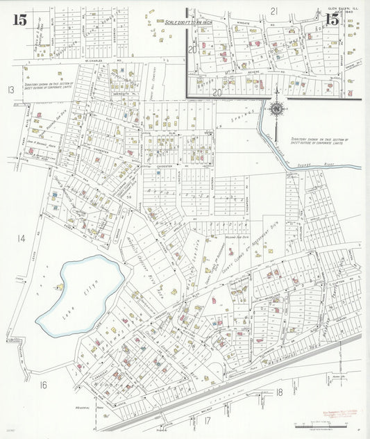 Sanborn Fire Insurance Map from Glen Ellyn, Du Page County, Illinois (1940), Sheet #0015 - Historic Sanborn Fire Insurance Map Print, vintage old map wall art, antique decor, genealogy gift, Illinois Illinois map