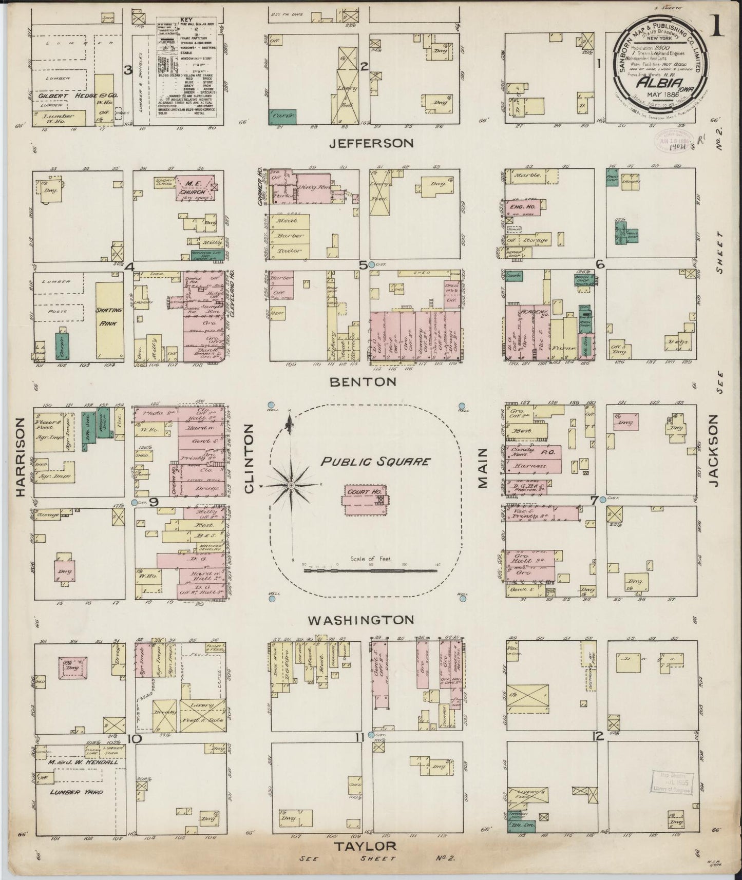 Sanborn Fire Insurance Map from Albia, Monroe County, Iowa (1886), Sheet #0001 - Historic Sanborn Fire Insurance Map Print, vintage old map wall art