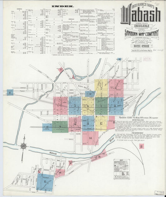 Sanborn Fire Insurance Map from Wabash, Wabash County, Indiana (1910), Sheet #0001 - Historic Sanborn Fire Insurance Map Print, vintage old map wall art, antique decor, genealogy gift, Indiana Indiana map
