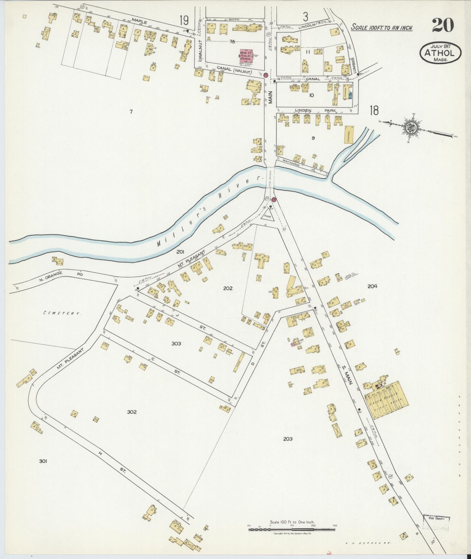 Sanborn Fire Insurance Map from Athol, Worcester County, Massachusetts (1917), Sheet #0020 - Historic Sanborn Fire Insurance Map Print, vintage old map wall art, antique decor, genealogy gift, Massachusetts Massachusetts map