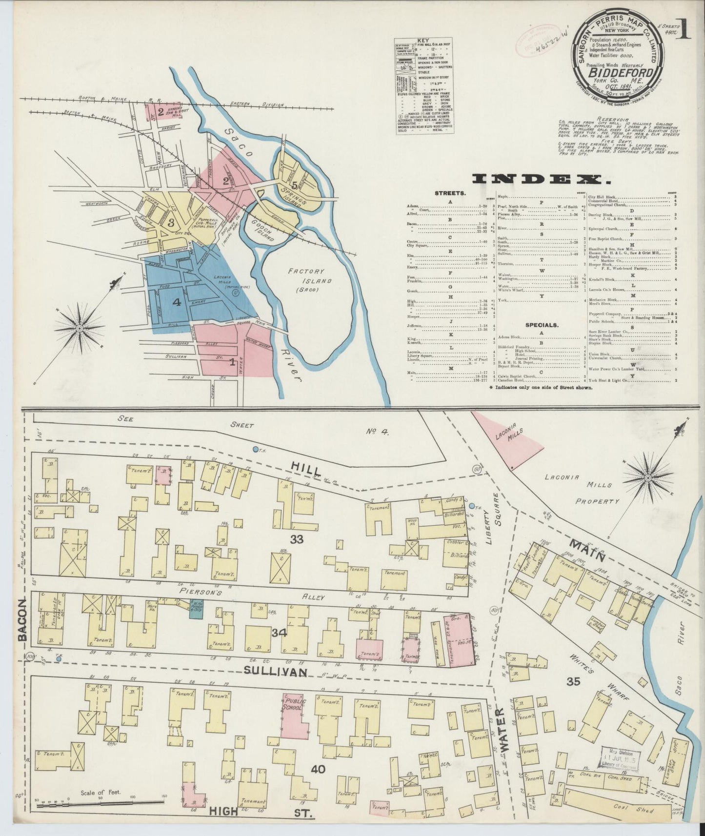 Sanborn Fire Insurance Map from Biddeford, York County, Maine (1891), Sheet #0001 - Complete Map Set gallery image, historic Sanborn map, vintage wall art, Maine Maine