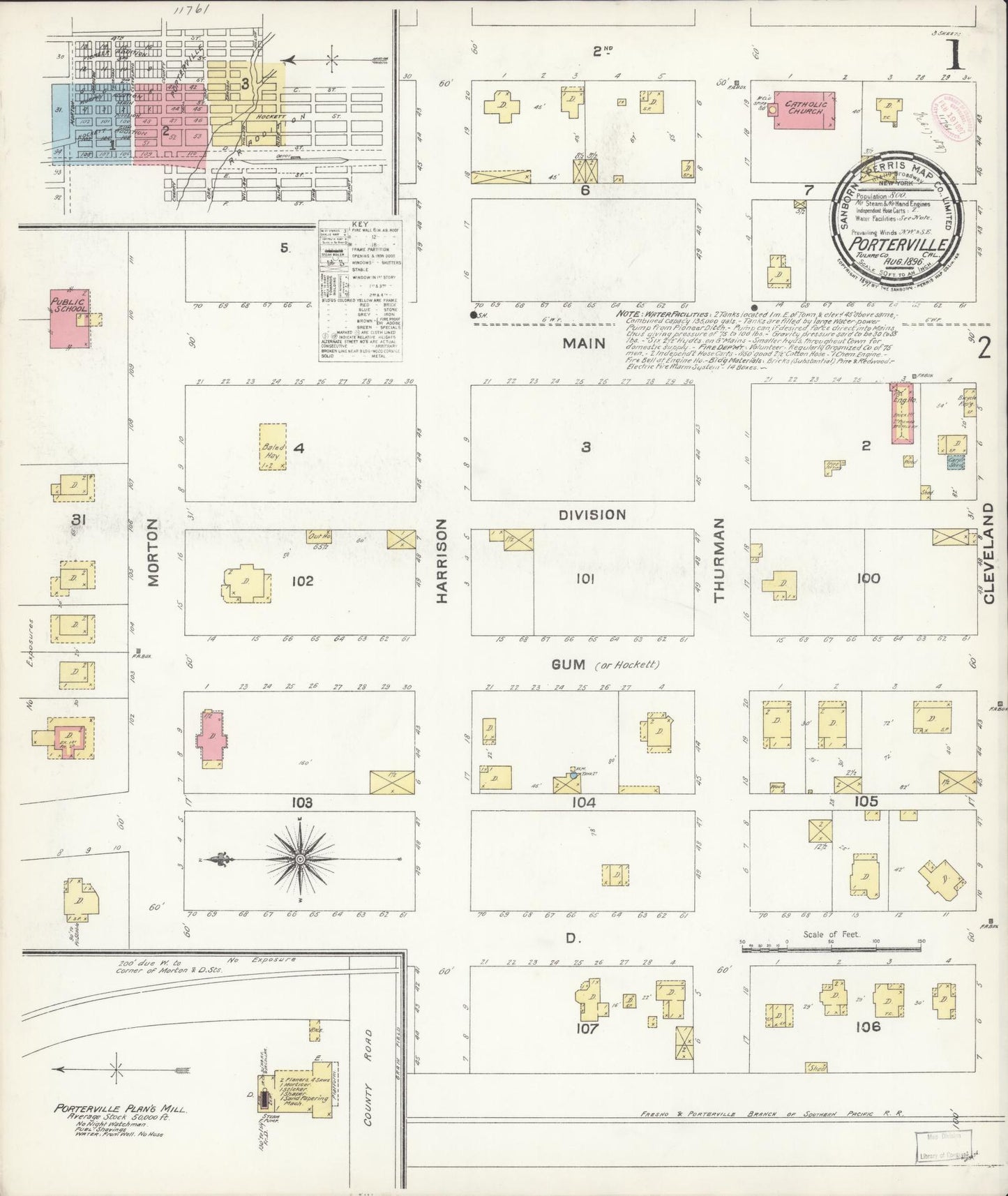 Sanborn Fire Insurance Map from Porterville, Tulare County, California (1896), Sheet #0001 - Complete Map Set gallery image, historic Sanborn map, vintage wall art, California California