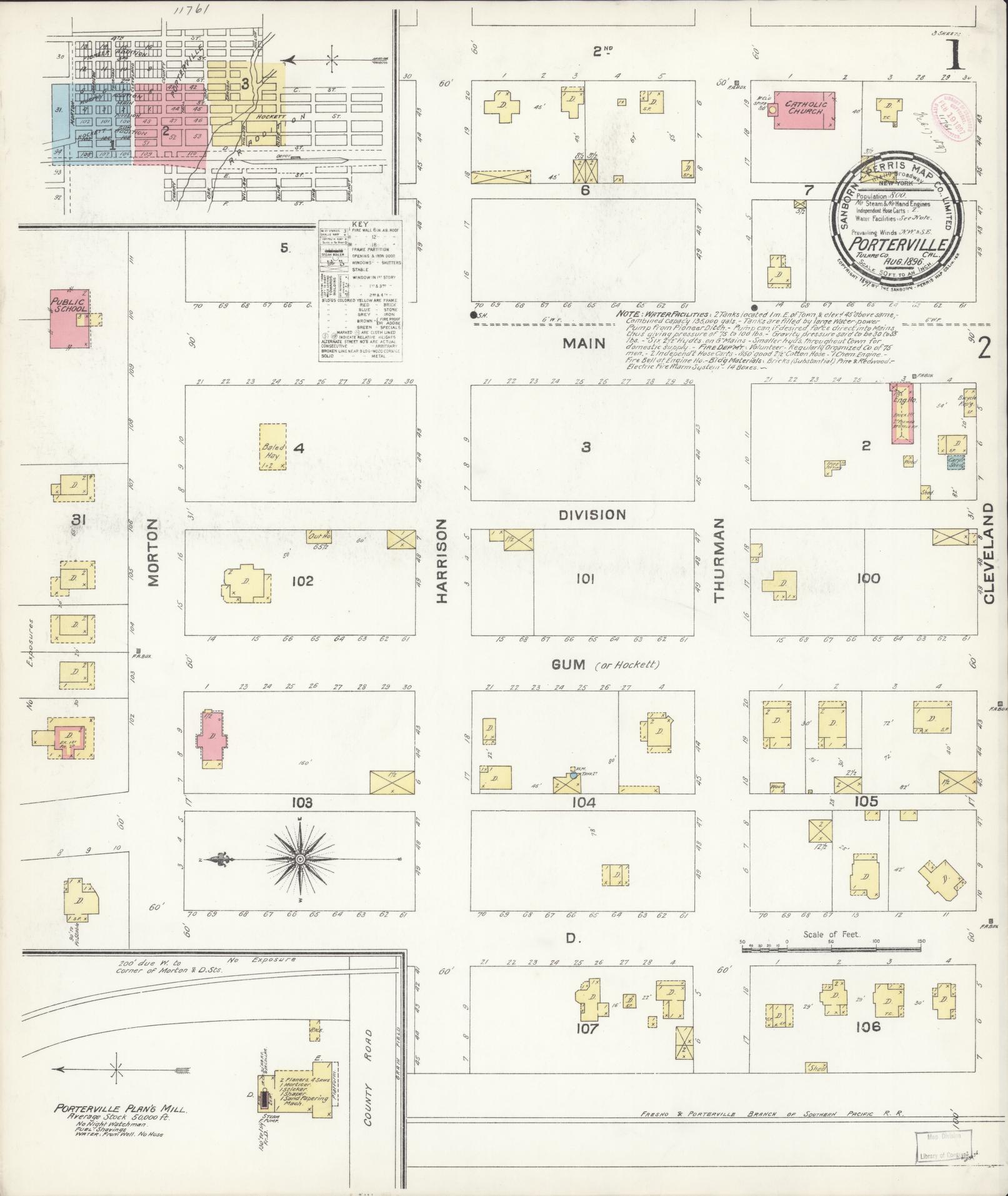 Sanborn Fire Insurance Map from Porterville, Tulare County, California (1896), Sheet #0001 - Complete Map Set gallery image, historic Sanborn map, vintage wall art, California California