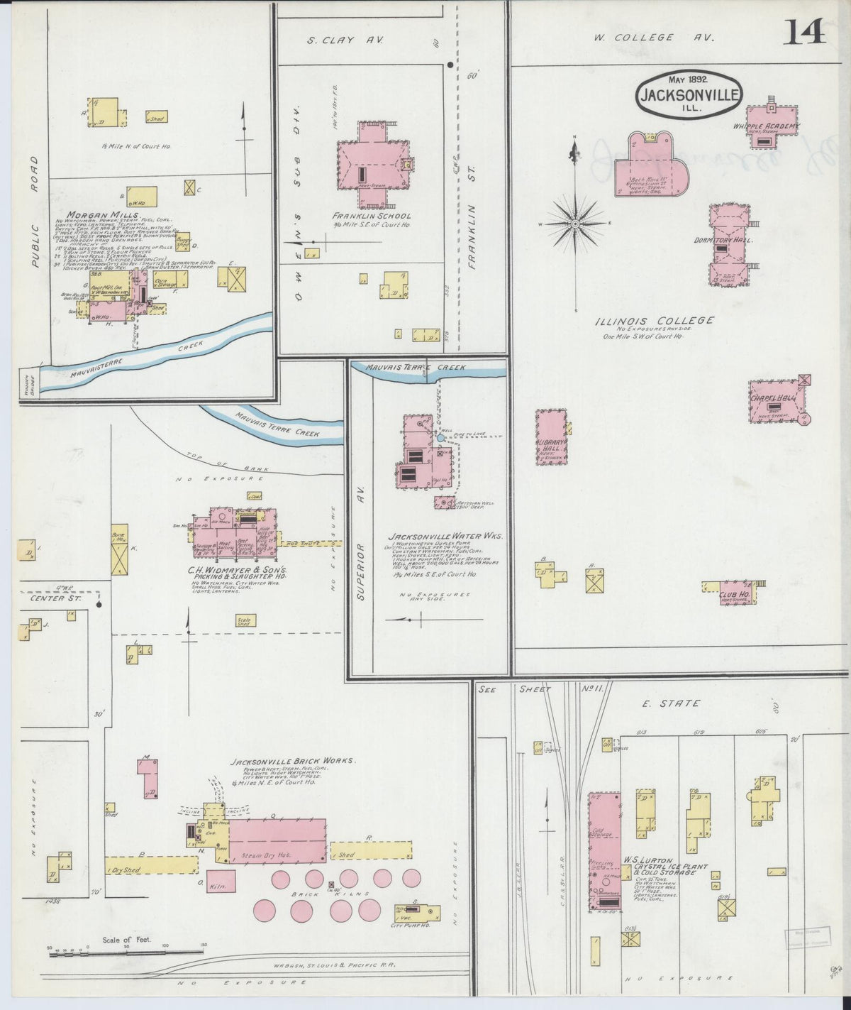 Sanborn Fire Insurance Map from Jacksonville, Morgan County, Illinois (1892), Sheet #0014 - Complete Map Set gallery image, historic Sanborn map, vintage wall art, Illinois Illinois
