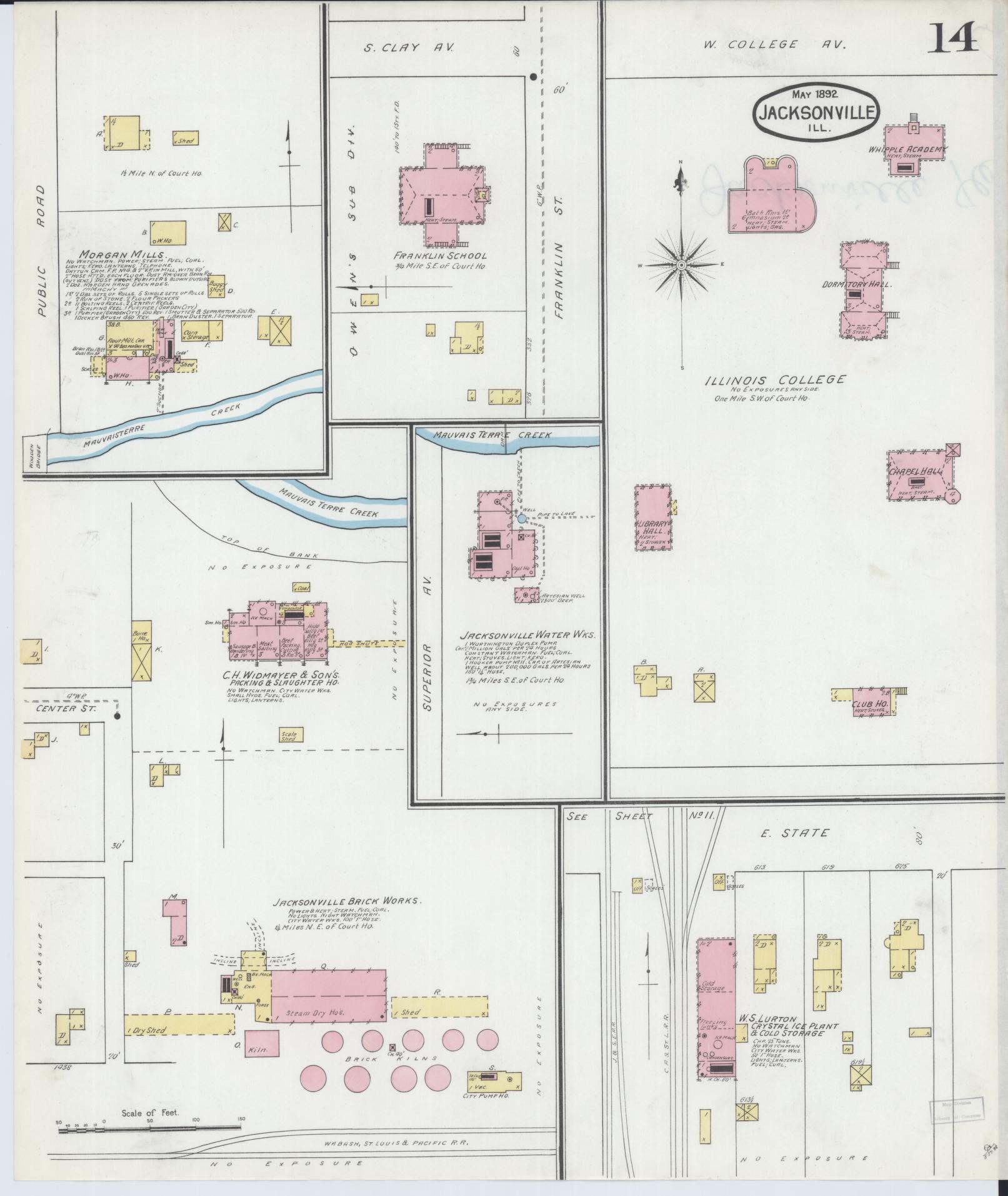 Sanborn Fire Insurance Map from Jacksonville, Morgan County, Illinois (1892), Sheet #0014 - Complete Map Set gallery image, historic Sanborn map, vintage wall art, Illinois Illinois
