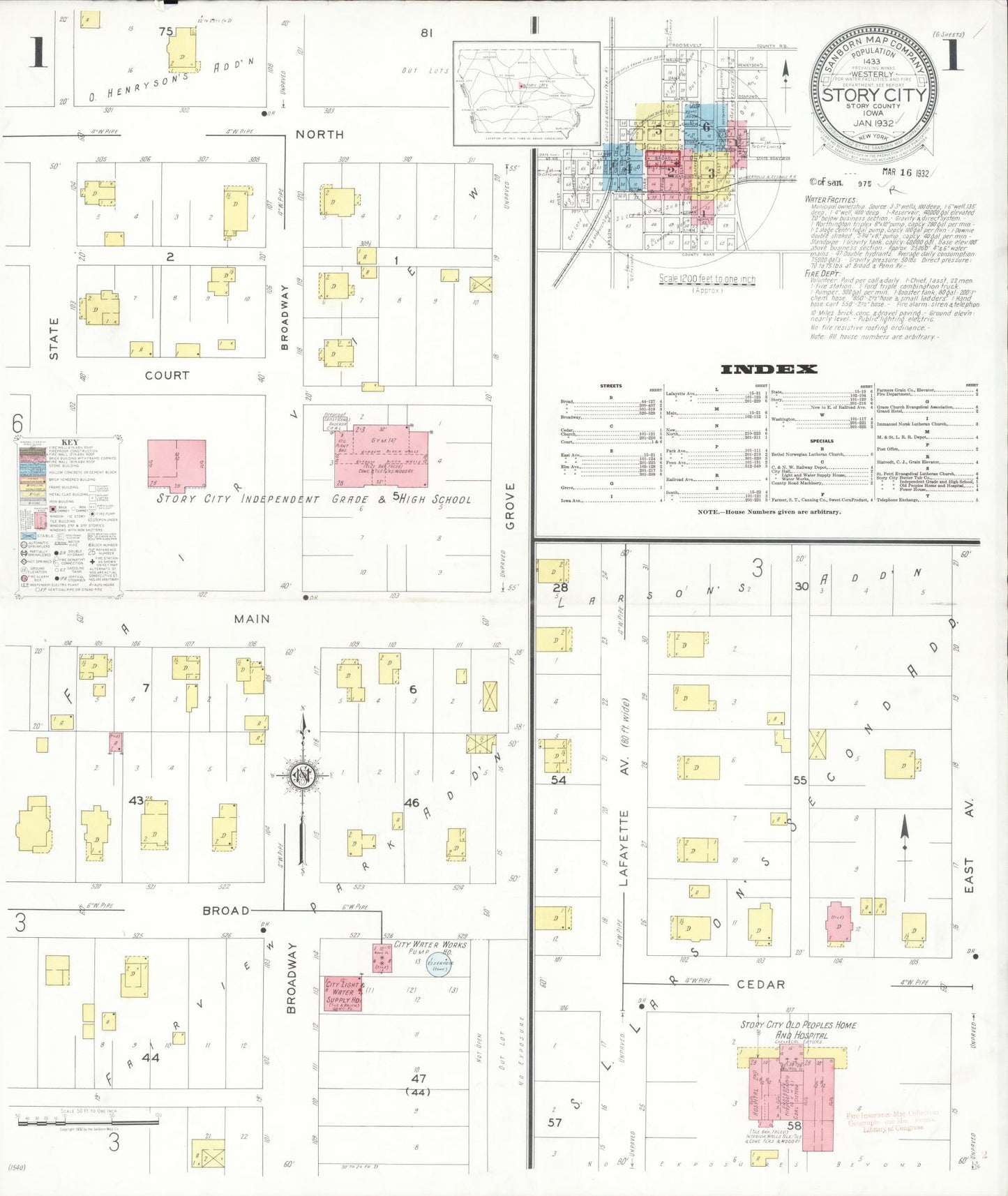 Sanborn Fire Insurance Map from Story City, Story County, Iowa (1932), Sheet #0001 - Historic Sanborn Fire Insurance Map Print, vintage old map wall art