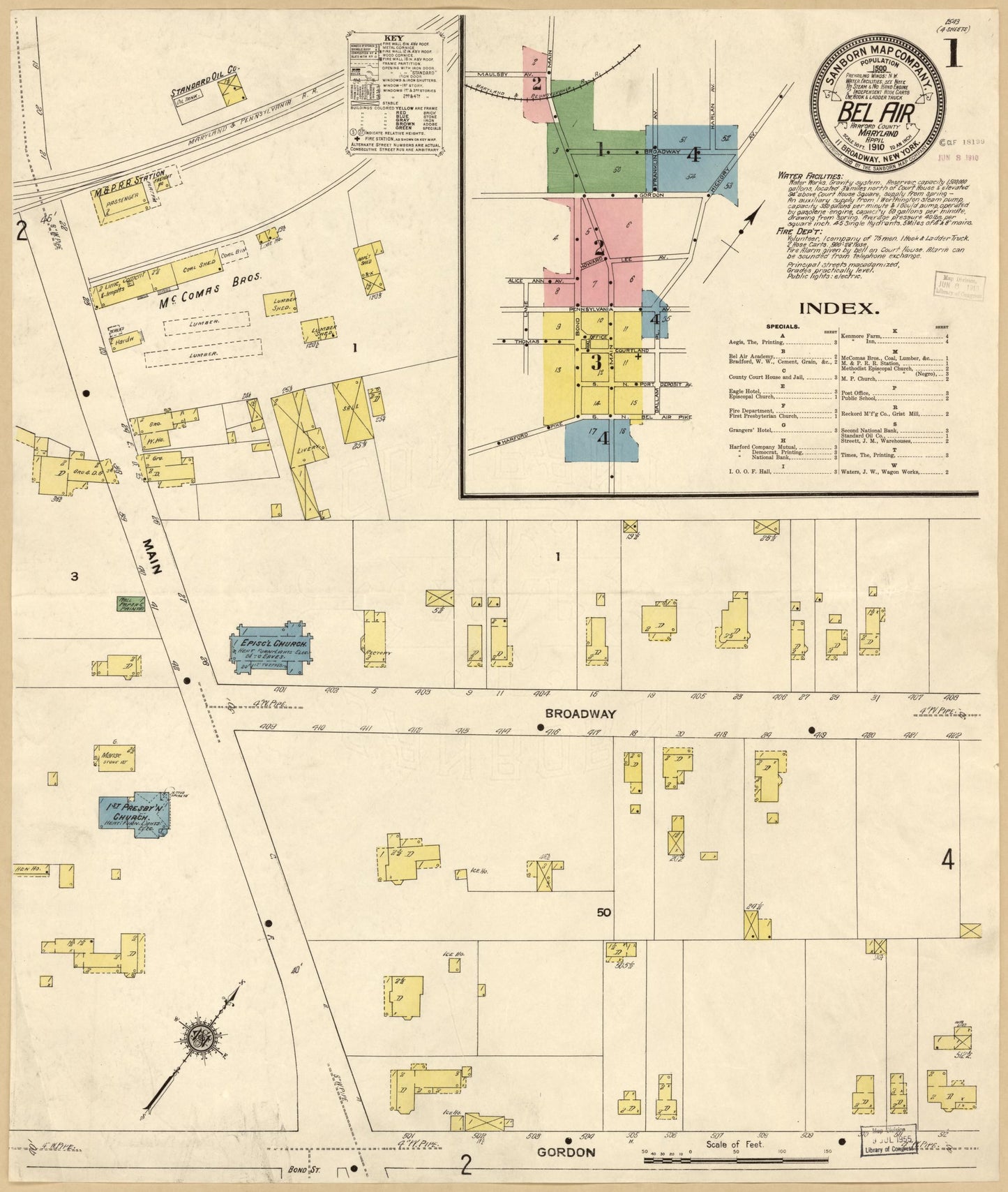 Sanborn Fire Insurance Map from Bel Air, Harford County, Maryland (1910), Sheet #0001 - Historic Sanborn Fire Insurance Map Print, vintage old map wall art, antique decor, genealogy gift, Maryland Maryland map