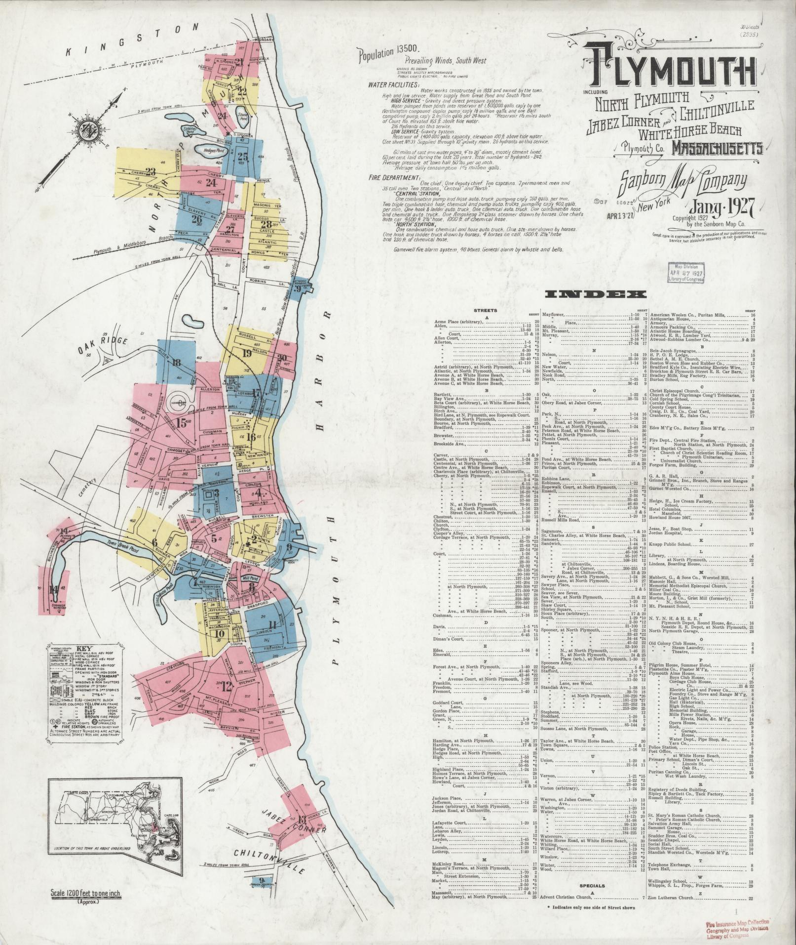 Sanborn Fire Insurance Map from Plymouth, Plymouth County, Massachusetts (1927), Sheet #0001 - Historic Sanborn Fire Insurance Map Print, vintage old map wall art, antique decor, genealogy gift, Massachusetts Massachusetts map