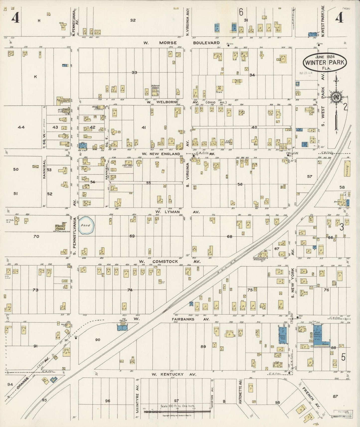 Sanborn Fire Insurance Map from Winter Park, Orange County, Florida (1924), Sheet #0004 - Historic Sanborn Fire Insurance Map Print, vintage old map wall art, antique decor, genealogy gift, Florida Florida map