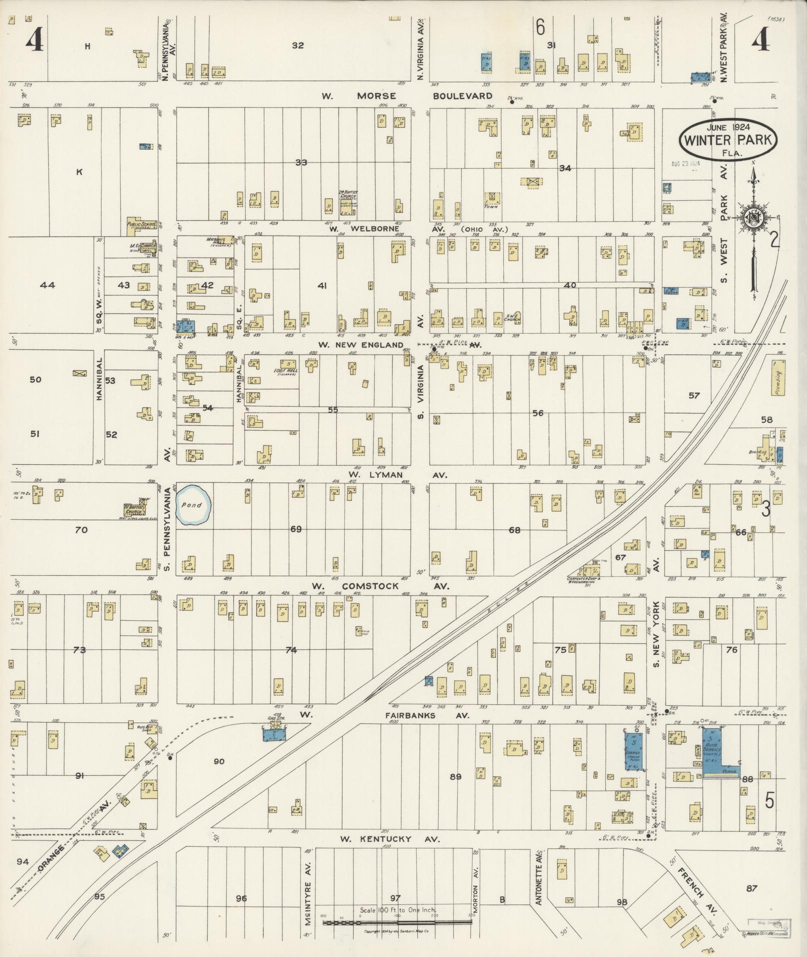 Sanborn Fire Insurance Map from Winter Park, Orange County, Florida (1924), Sheet #0004 - Historic Sanborn Fire Insurance Map Print, vintage old map wall art, antique decor, genealogy gift, Florida Florida map
