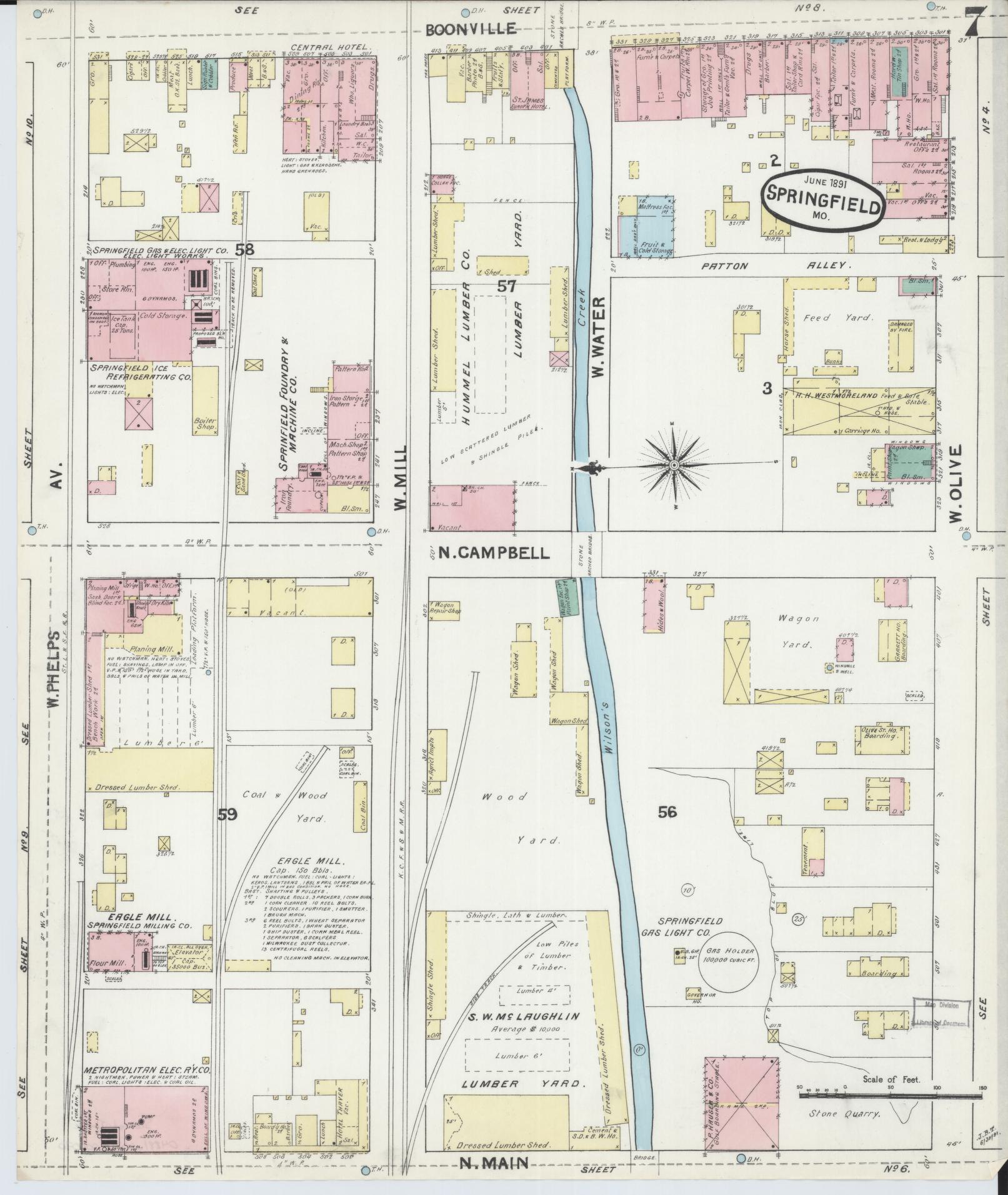 Sanborn Fire Insurance Map from Springfield, Greene County, Missouri (1891), Sheet #0007 - Historic Sanborn Fire Insurance Map Print, vintage old map wall art, antique decor, genealogy gift, Missouri Missouri map
