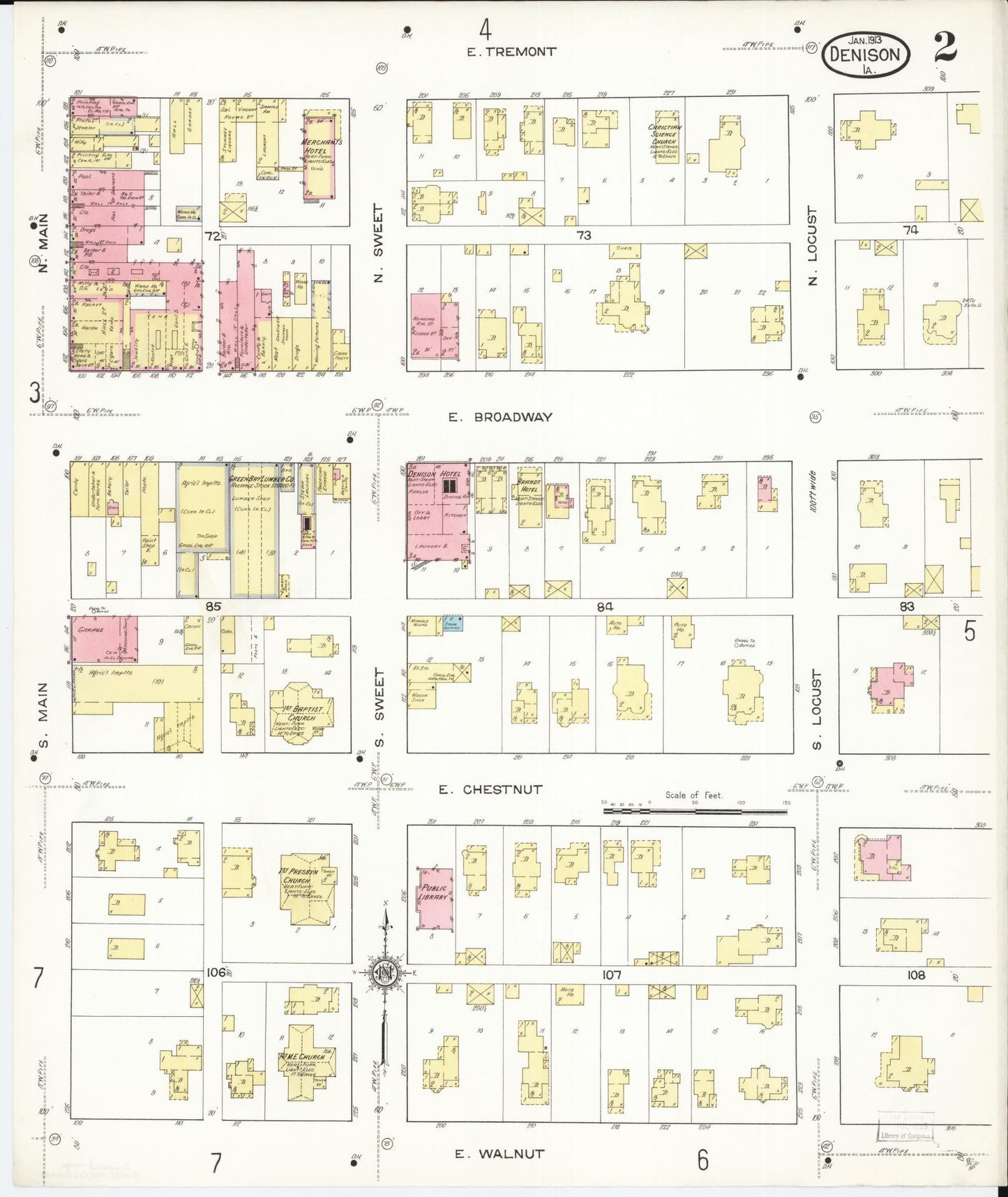 Sanborn Fire Insurance Map from Denison, Crawford County, Iowa (1913), Sheet #0002 - Historic Sanborn Fire Insurance Map Print, vintage old map wall art
