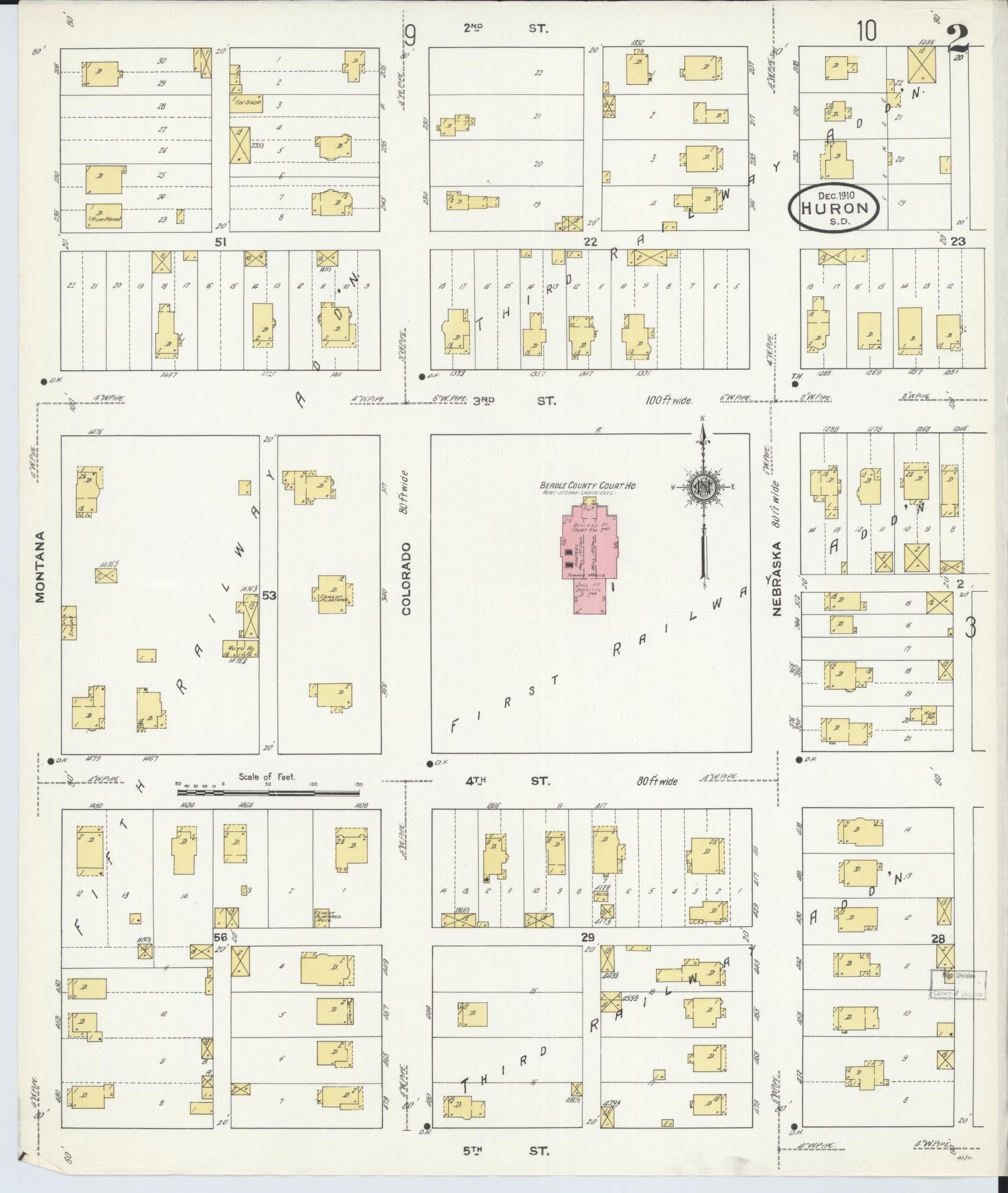 Sanborn Fire Insurance Map from Huron, Beadle County, South Dakota (1910), Sheet #0002 - Complete Map Set gallery image, historic Sanborn map, vintage wall art, South Dakota South Dakota