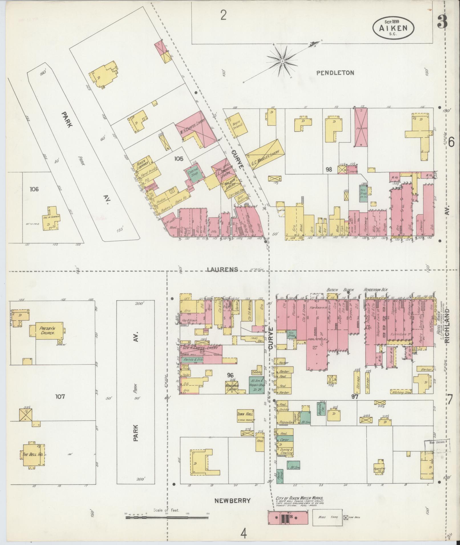 Sanborn Fire Insurance Map from Aiken, Aiken County, South Carolina (1899), Sheet #0003 - Complete Map Set gallery image, historic Sanborn map, vintage wall art, South Carolina South Carolina