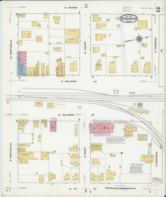 Sanborn Fire Insurance Map from Brookhaven, Lincoln County, Mississippi (1918), Sheet #0002 - Historic Sanborn Fire Insurance Map Print, vintage old map wall art, antique decor, genealogy gift, Mississippi Mississippi map