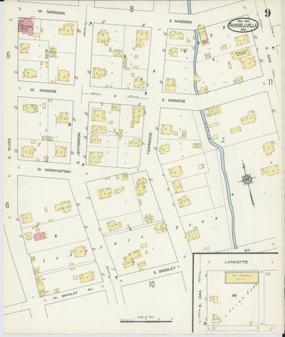 Sanborn Fire Insurance Map from Russellville, Pope County, Arkansas (1913), Sheet #0009 - Complete Map Set gallery image, historic Sanborn map, vintage wall art, Arkansas Arkansas