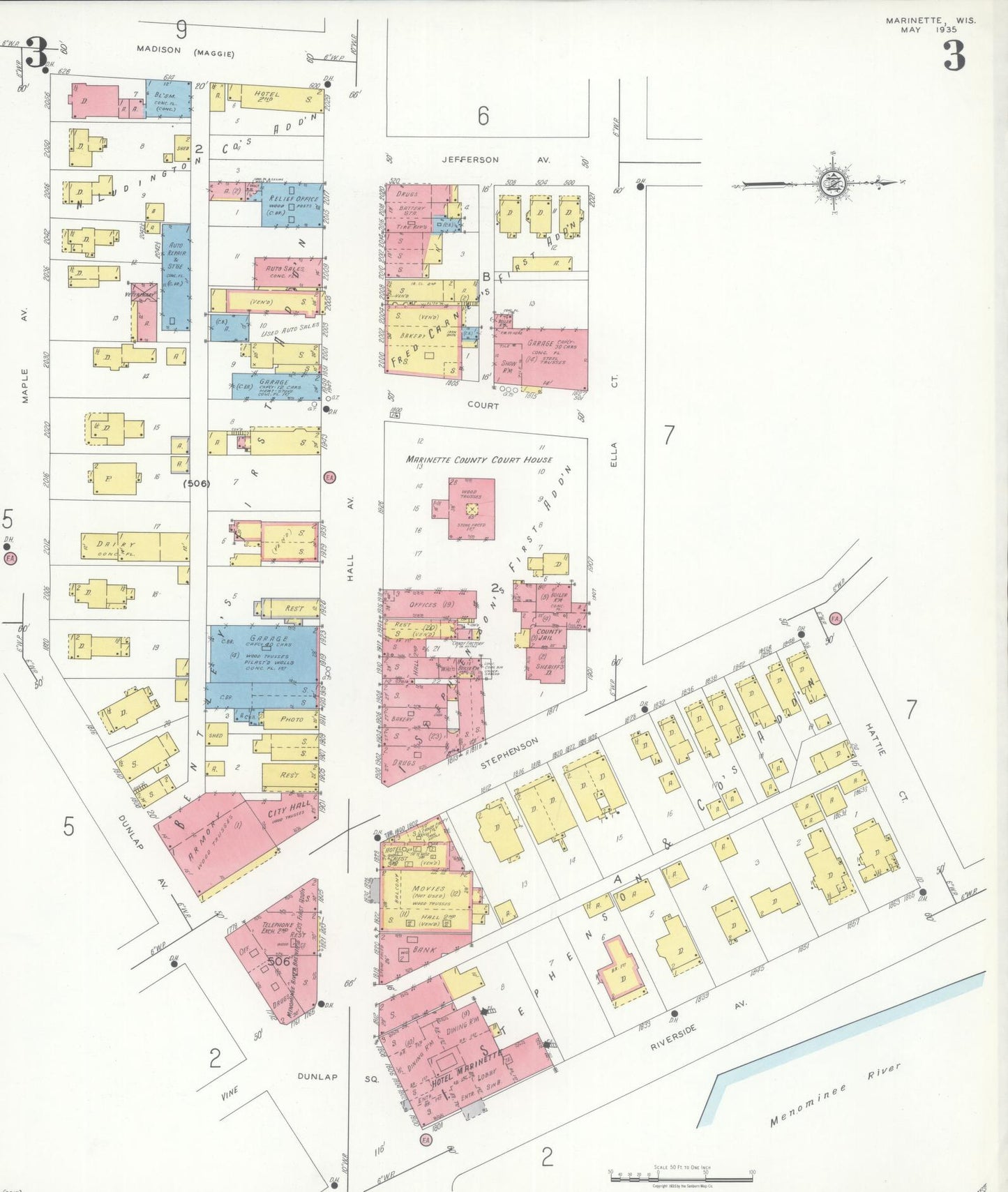 Sanborn Fire Insurance Map from Marinette, Marinette County, Wisconsin (1935), Sheet #0003 - Historic Sanborn Fire Insurance Map Print, vintage old map wall art, antique decor, genealogy gift, Wisconsin Wisconsin map