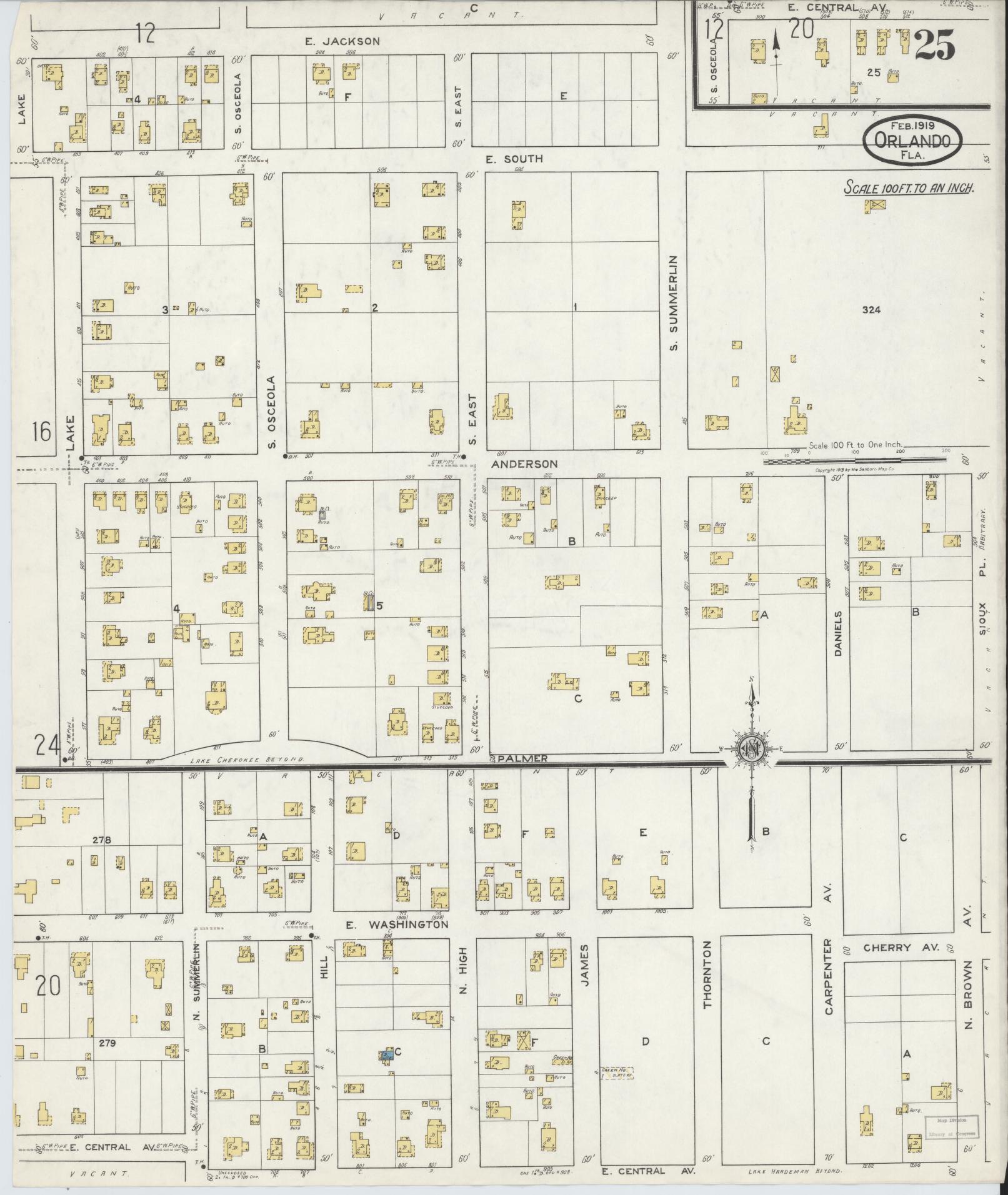 Sanborn Fire Insurance Map from Orlando, Orange County, Florida (1919), Sheet #0025 - Historic Sanborn Fire Insurance Map Print, vintage old map wall art, antique decor, genealogy gift, Florida Florida map