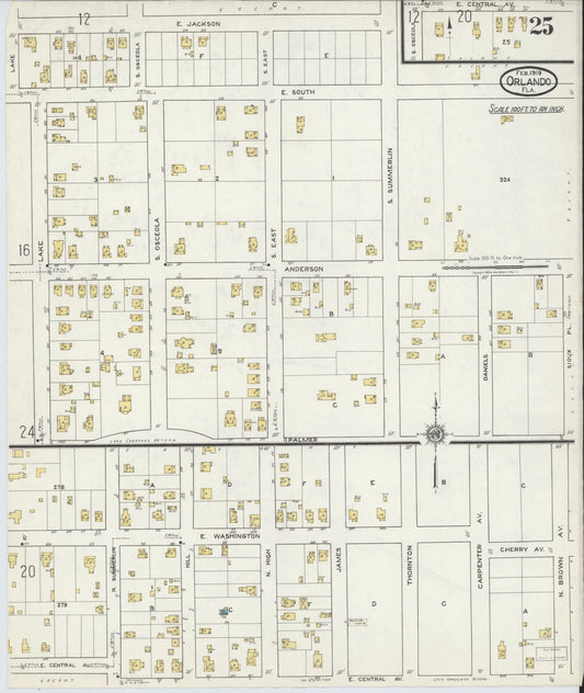 Sanborn Fire Insurance Map from Orlando, Orange County, Florida (1919), Sheet #0025 - Historic Sanborn Fire Insurance Map Print, vintage old map wall art, antique decor, genealogy gift, Florida Florida map