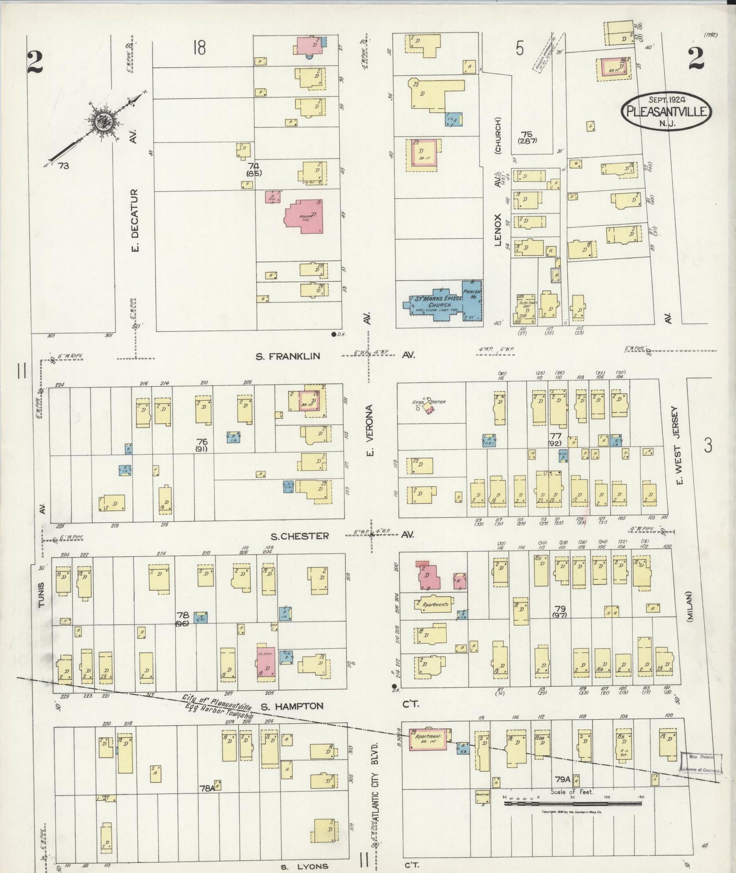 Sanborn Fire Insurance Map from Pleasantville, Atlantic County, New Jersey (1924), Sheet #0002 - Complete Map Set gallery image, historic Sanborn map, vintage wall art, New Jersey New Jersey