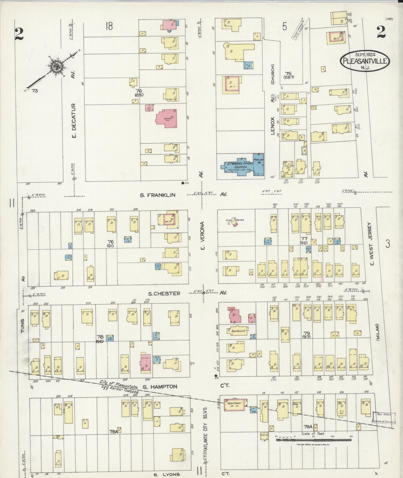 Sanborn Fire Insurance Map from Pleasantville, Atlantic County, New Jersey (1924), Sheet #0002 - Complete Map Set gallery image, historic Sanborn map, vintage wall art, New Jersey New Jersey
