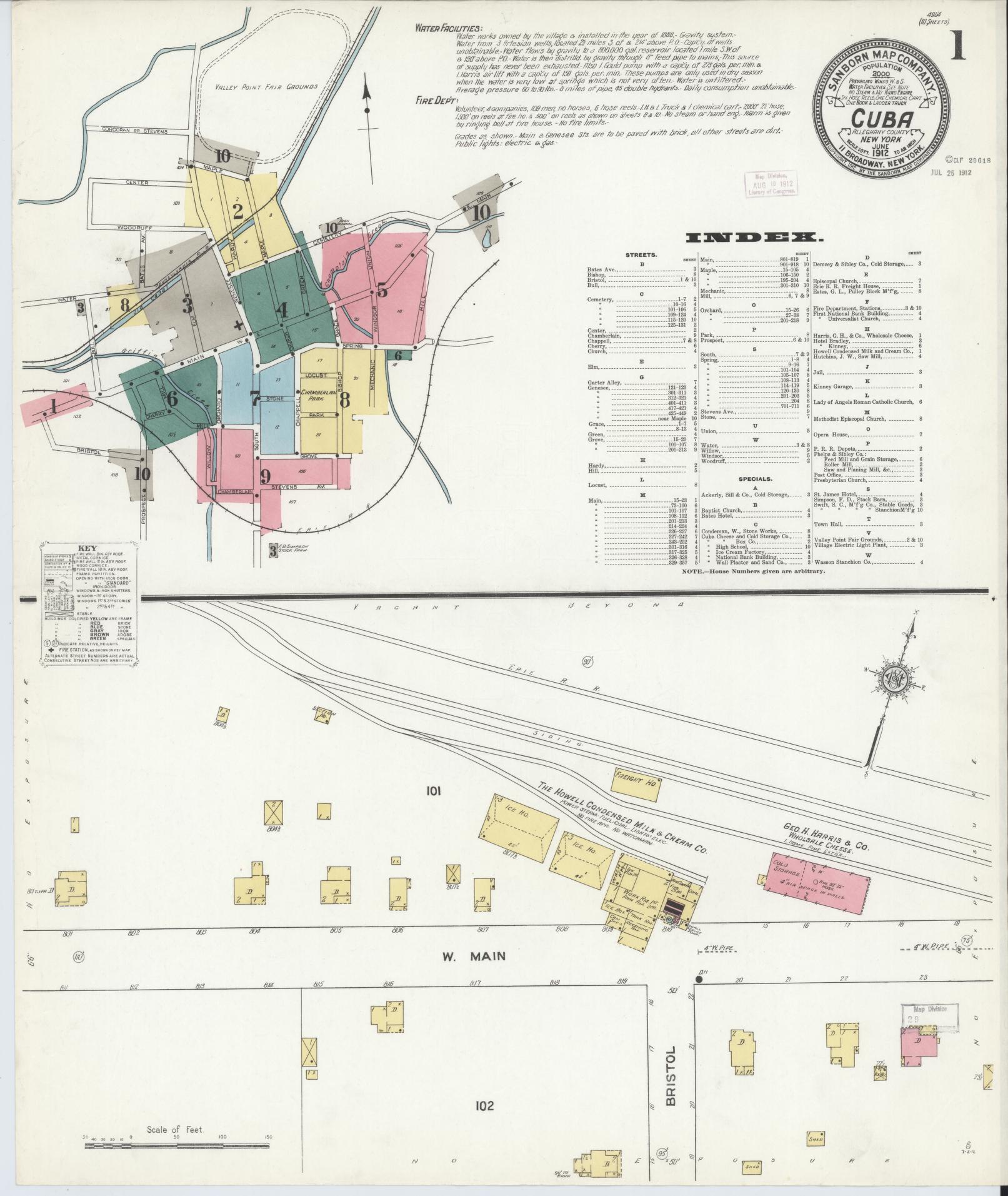 Sanborn Fire Insurance Map from Cuba, Allegany County, New York (1912), Sheet #0001 - Historic Sanborn Fire Insurance Map Print, vintage old map wall art, antique decor, genealogy gift, New York New York map