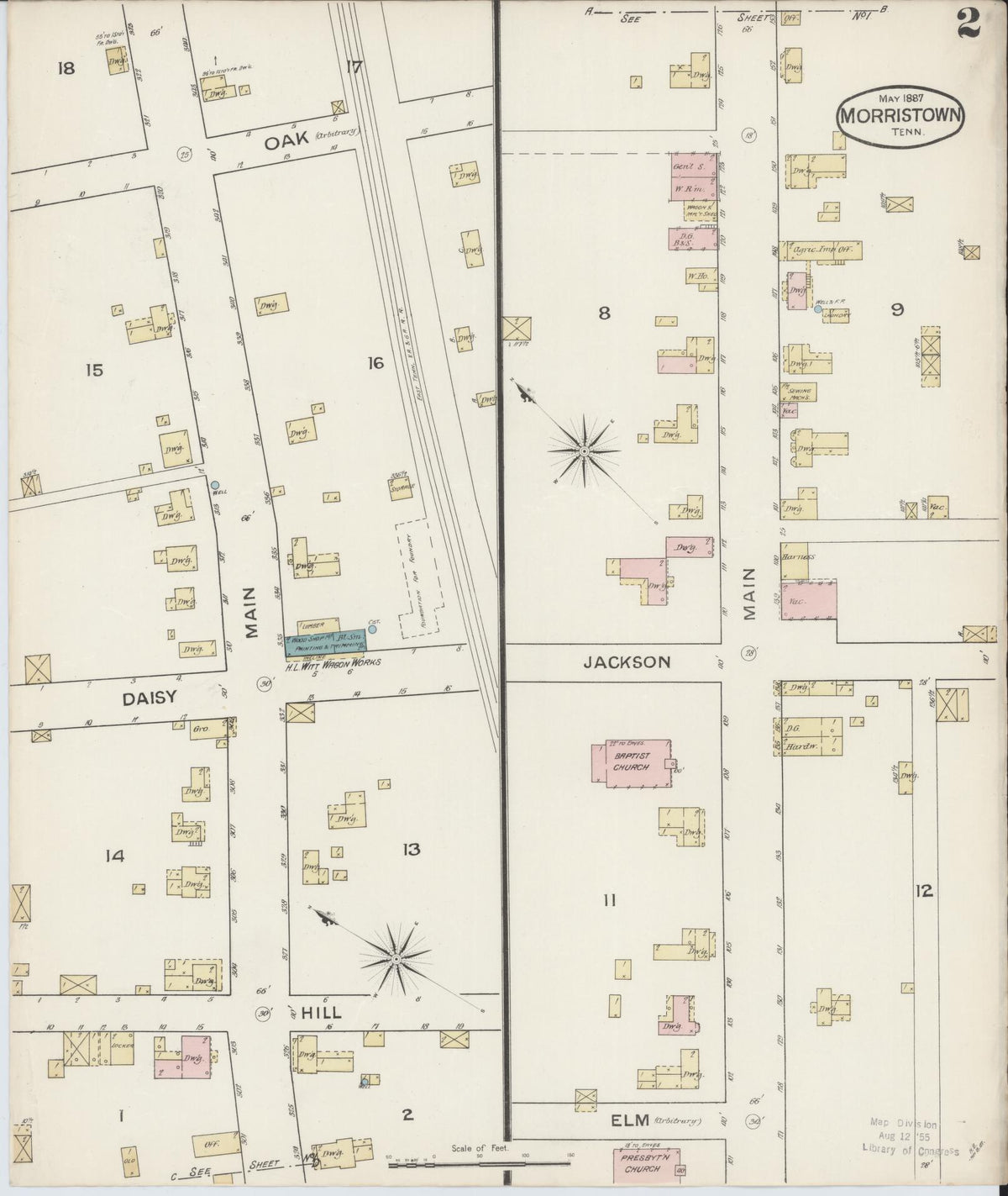 Sanborn Fire Insurance Map from Morristown, Hamblen County, Tennessee (1887), Sheet #0002 - Complete Map Set gallery image, historic Sanborn map, vintage wall art, Tennessee Tennessee