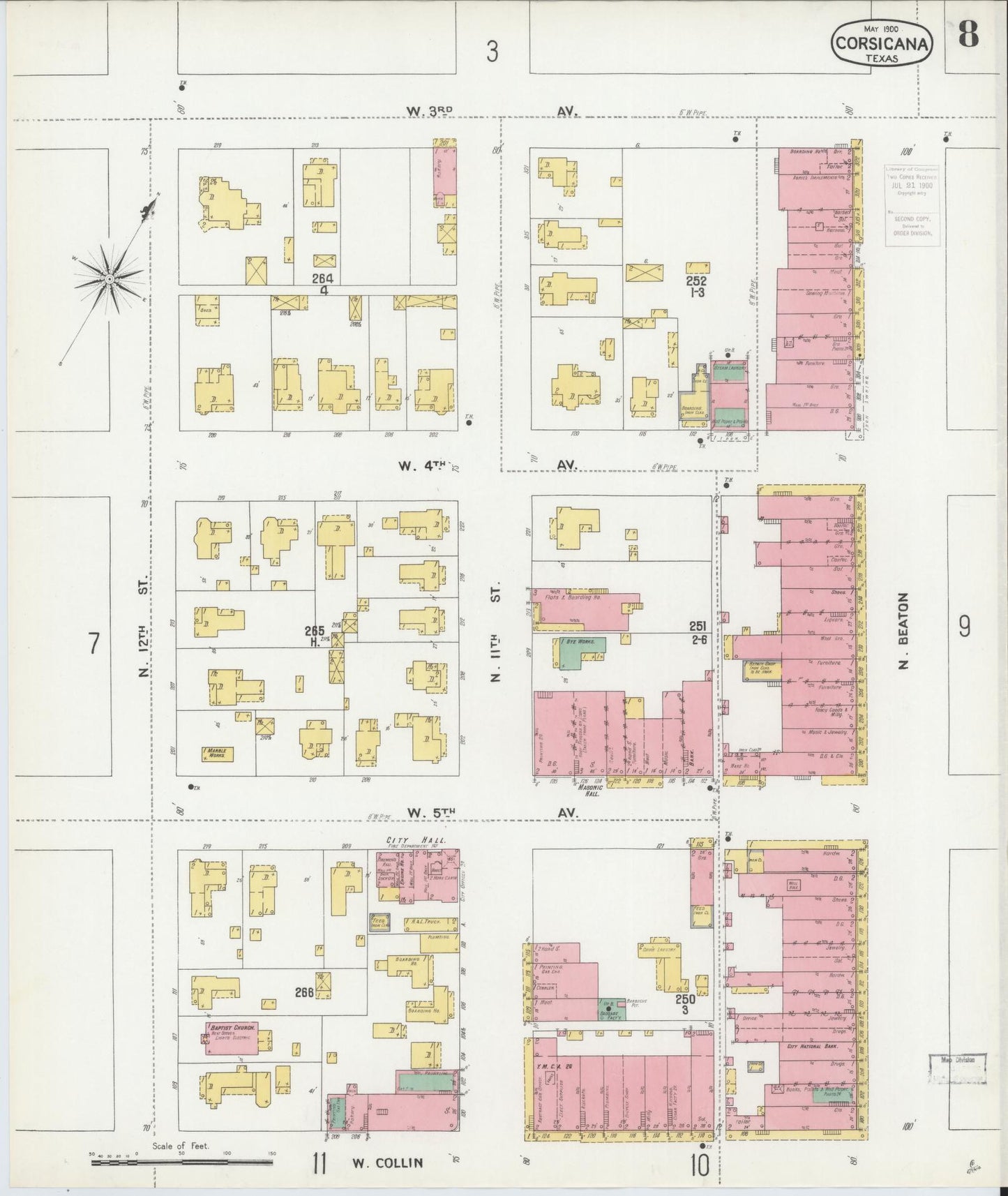 Sanborn Fire Insurance Map from Corsicana, Navarro County, Texas (1900), Sheet #0008 - Historic Sanborn Fire Insurance Map Print, vintage old map wall art, antique decor, genealogy gift, Texas Texas map