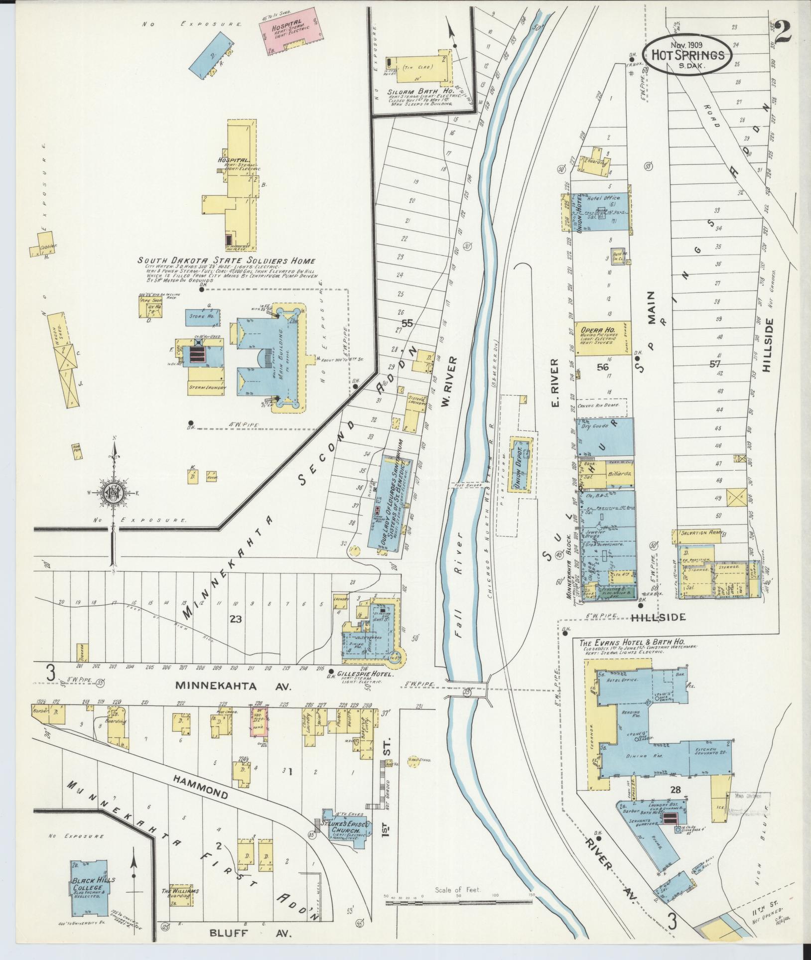 Sanborn Fire Insurance Map from Hot Springs, Fall River County, South Dakota (1909), Sheet #0002 - Historic Sanborn Fire Insurance Map Print, vintage old map wall art, antique decor, genealogy gift, South Dakota South Dakota map