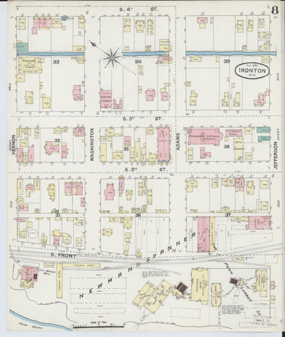Sanborn Fire Insurance Map from Ironton, Lawrence County, Ohio (1889), Sheet #0008 - Historic Sanborn Fire Insurance Map Print, vintage old map wall art, antique decor, genealogy gift, Ohio Ohio map