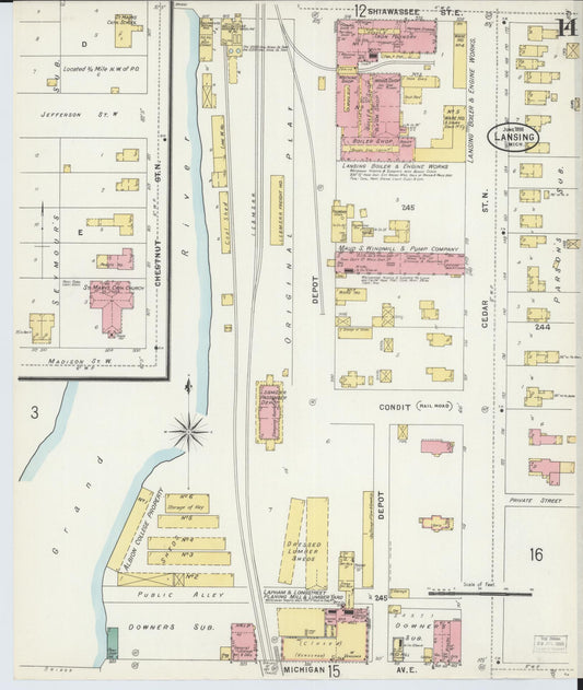 Sanborn Fire Insurance Map from Lansing, Ingham County, Michigan (1898), Sheet #0014 - Historic Sanborn Fire Insurance Map Print, vintage old map wall art, antique decor, genealogy gift, Michigan Michigan map