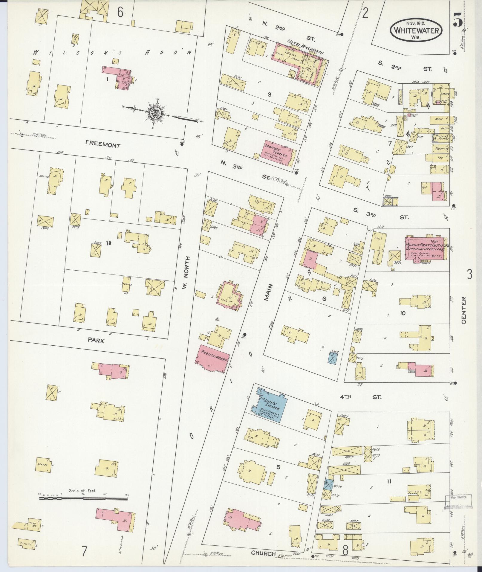 Sanborn Fire Insurance Map from Whitewater, Walworth County, Wisconsin (1912), Sheet #0005 - Historic Sanborn Fire Insurance Map Print, vintage old map wall art, antique decor, genealogy gift, Wisconsin Wisconsin map
