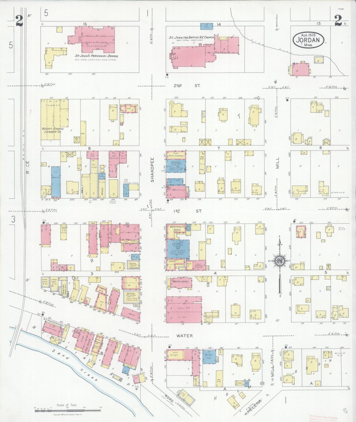 Sanborn Fire Insurance Map from Jordan, Scott County, Minnesota (1928), Sheet #0002 - Historic Sanborn Fire Insurance Map Print, vintage old map wall art, antique decor, genealogy gift, Minnesota Minnesota map