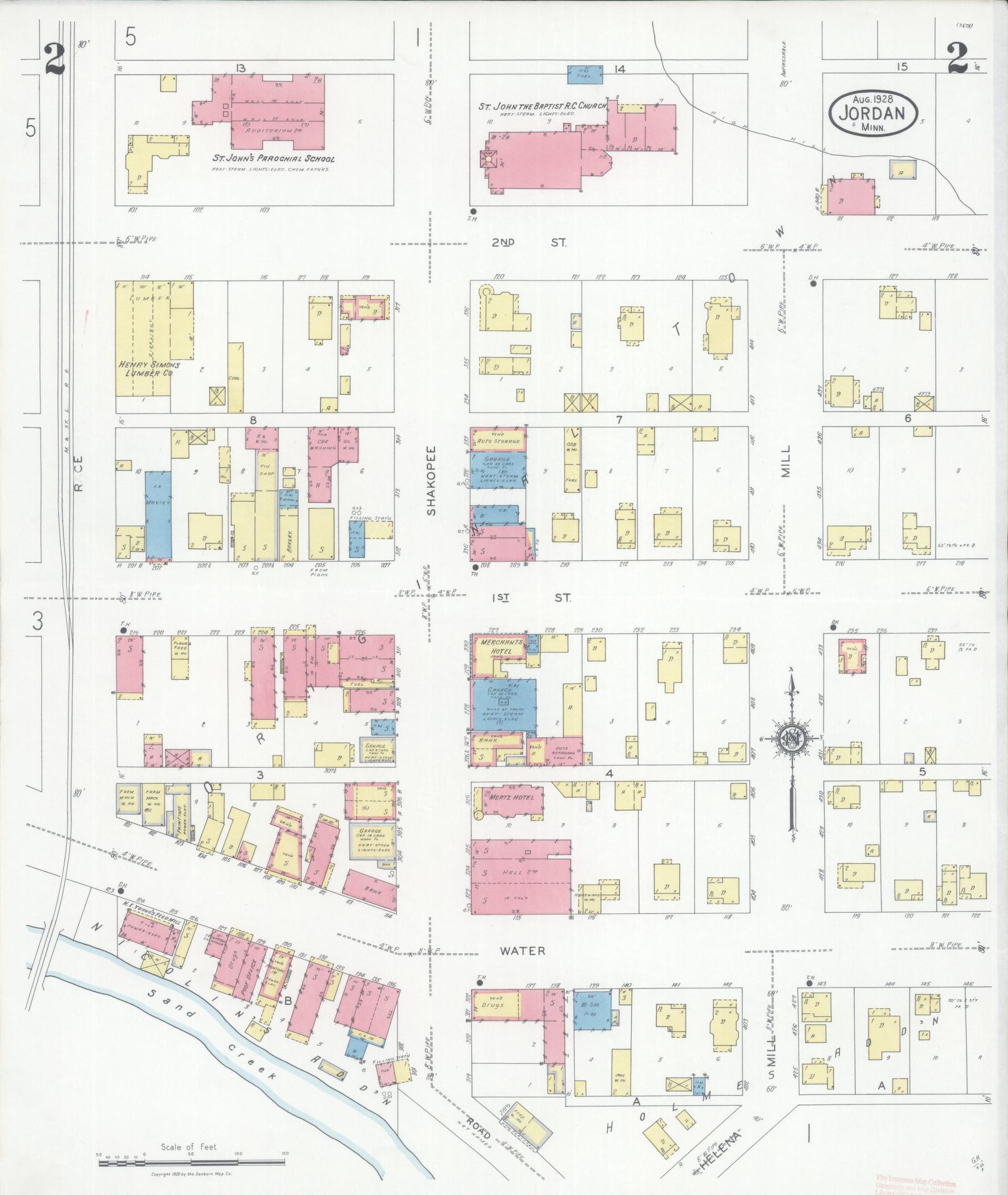 Sanborn Fire Insurance Map from Jordan, Scott County, Minnesota (1928), Sheet #0002 - Historic Sanborn Fire Insurance Map Print, vintage old map wall art, antique decor, genealogy gift, Minnesota Minnesota map